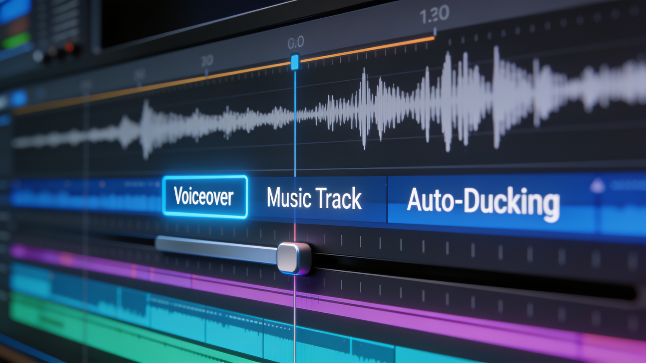 Timeline close-up showing voice waveform, music track, and captions styling