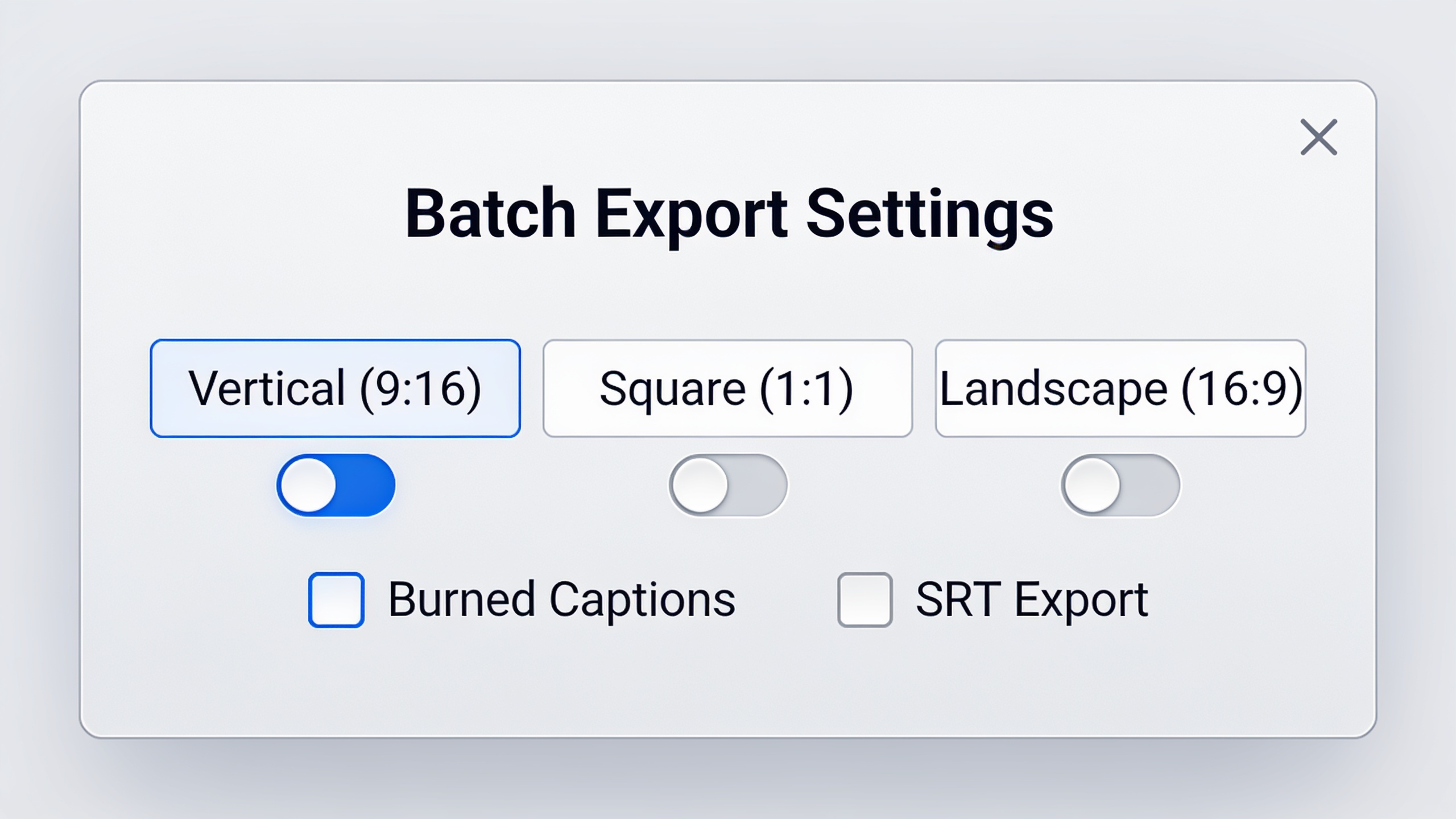 Batch export dialog with vertical, square, and landscape presets