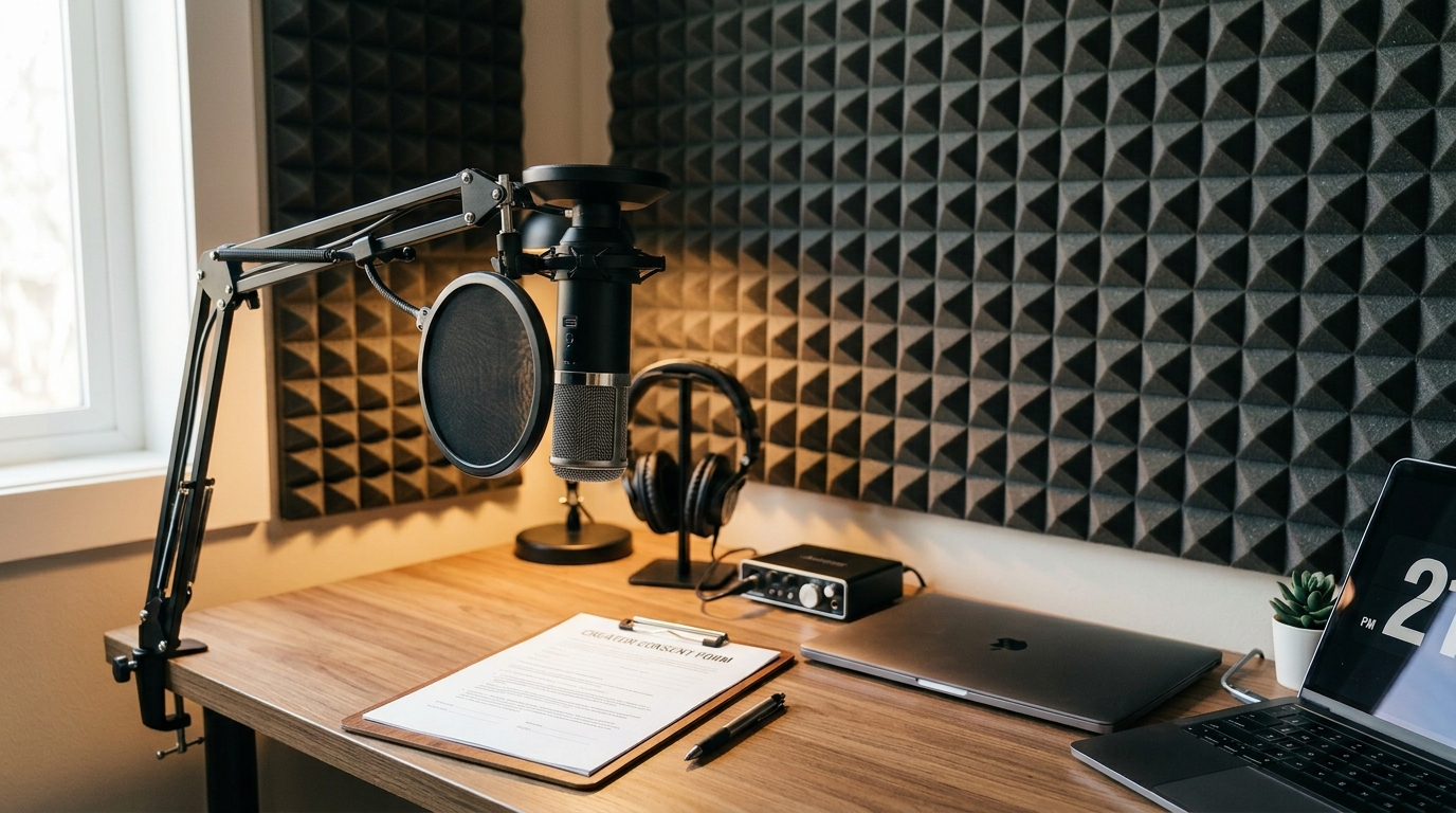 Recording setup with microphone and consent form