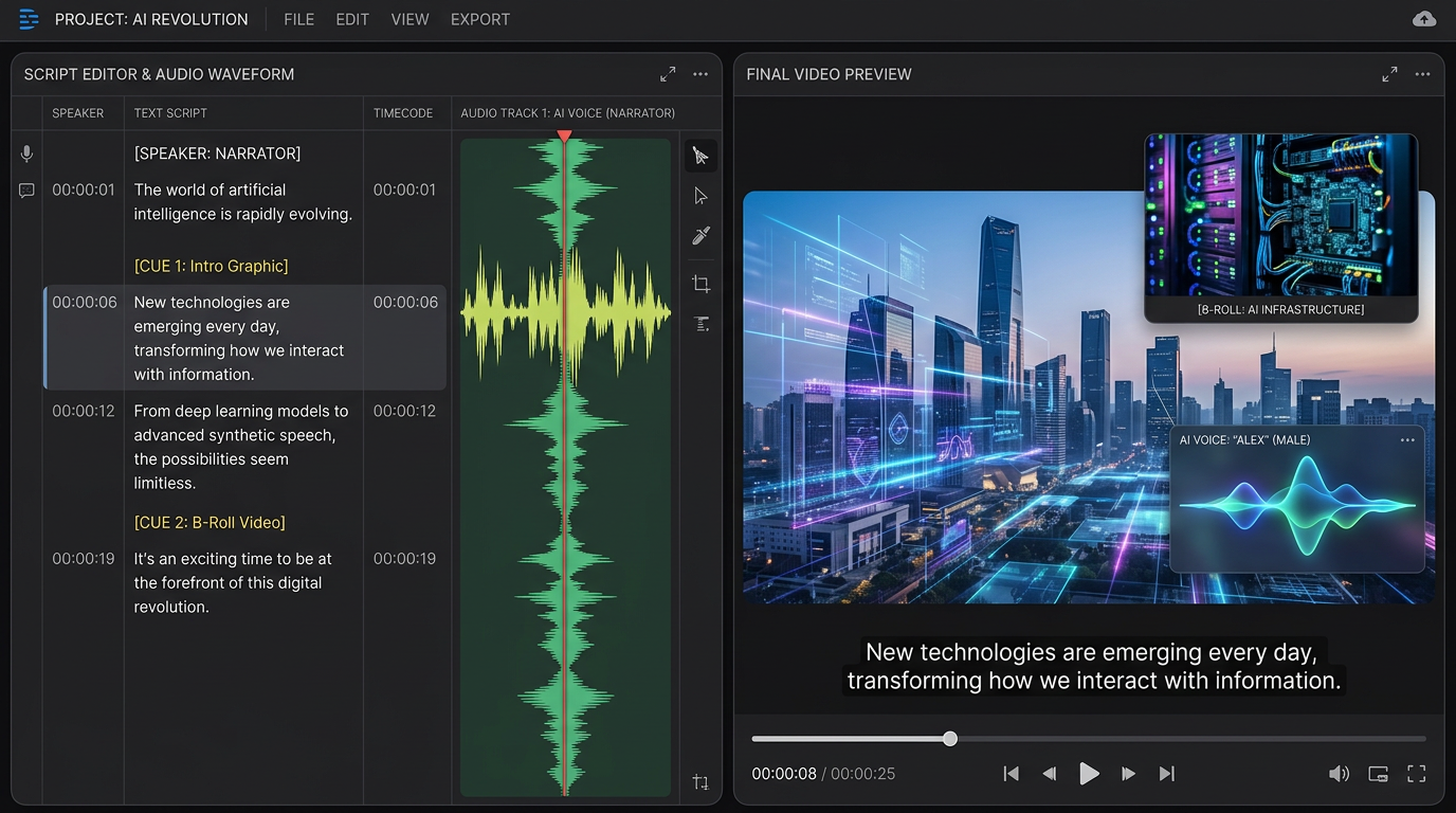 Split-screen of script and finished video with audio waveform