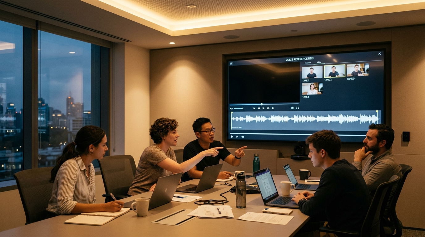 Team reviewing a voice reference reel on a monitor