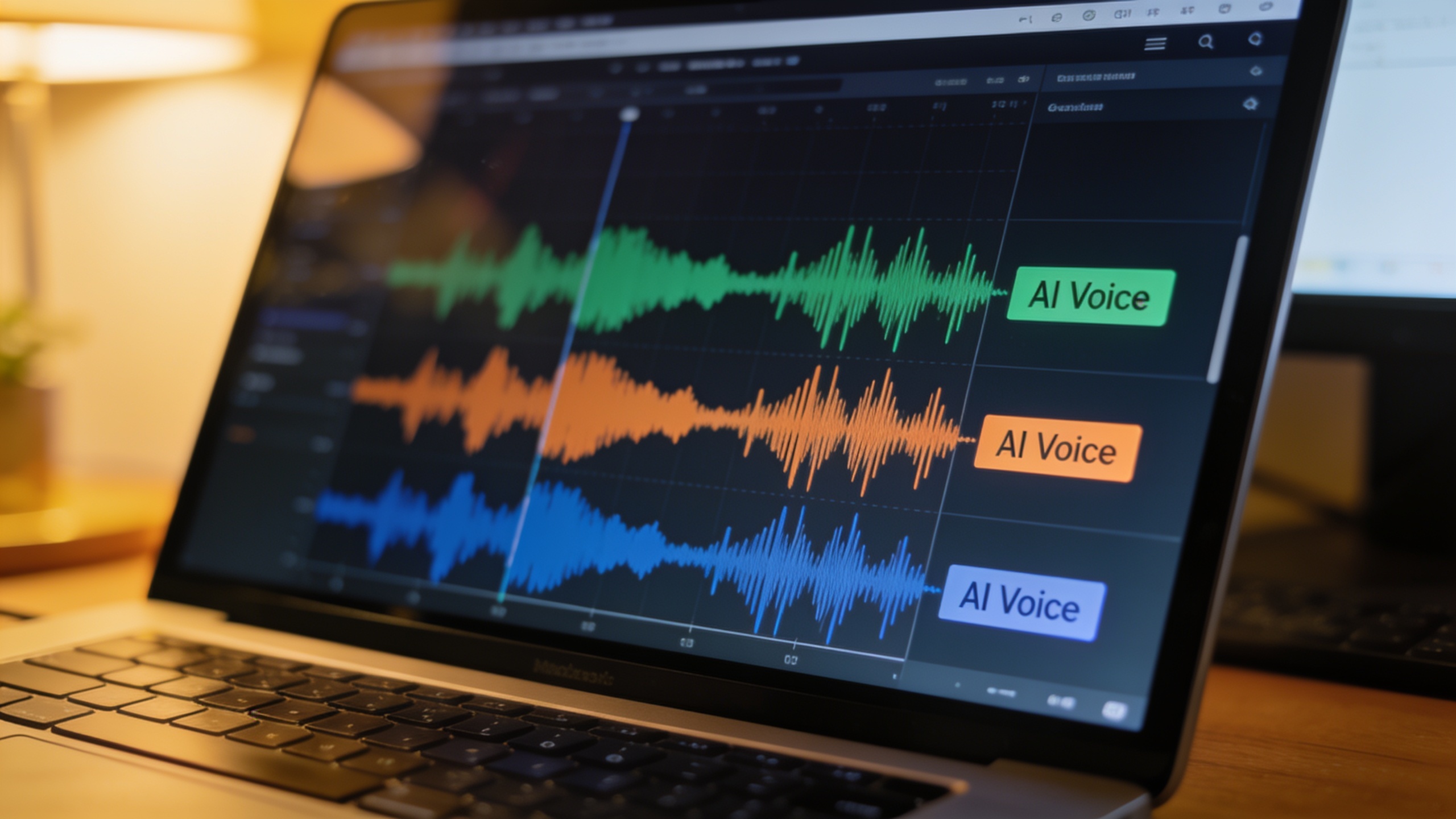 Laptop screen showing podcast waveform and AI voice options
