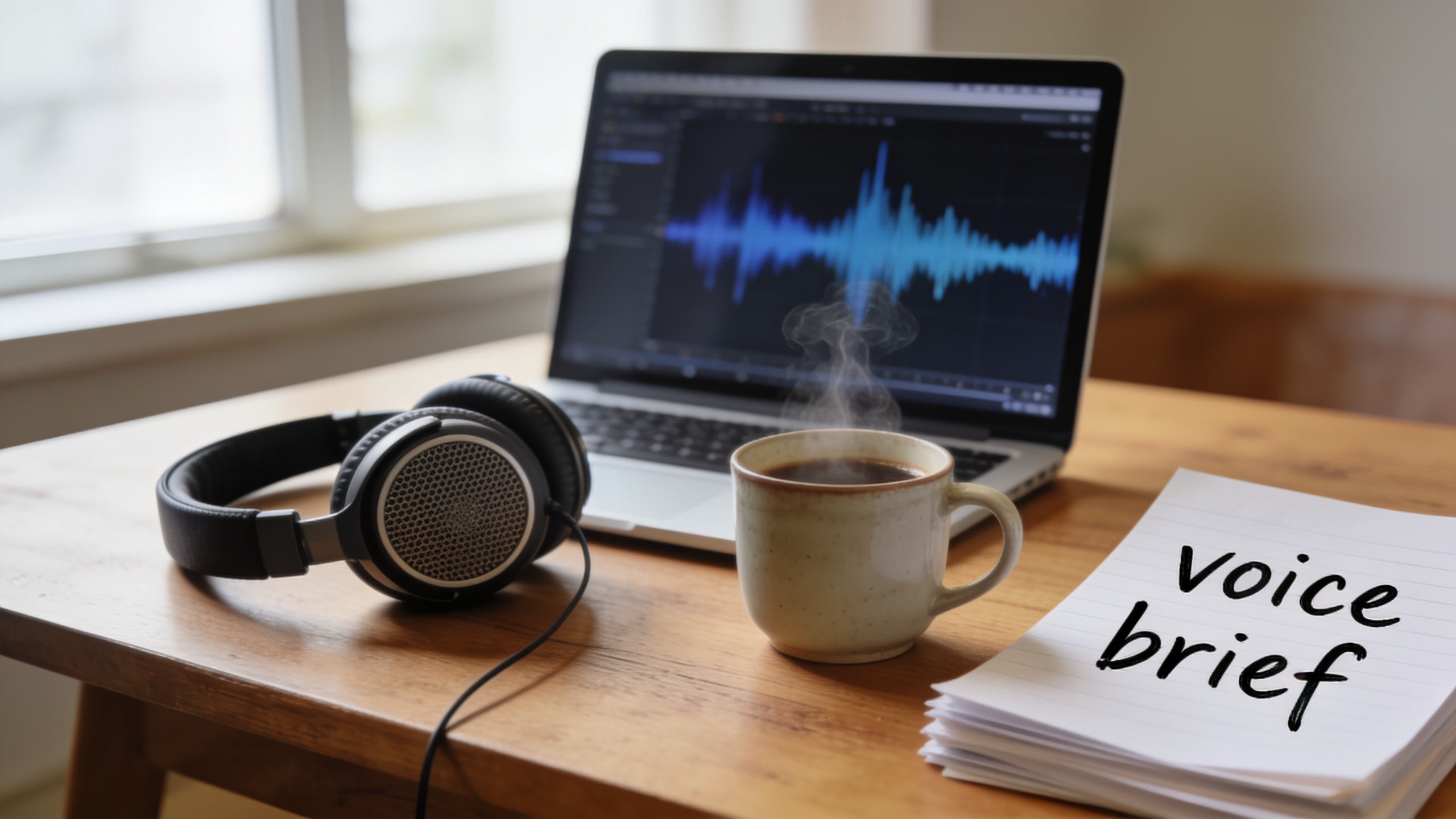 Laptop showing audio waveform and handwritten voice brief