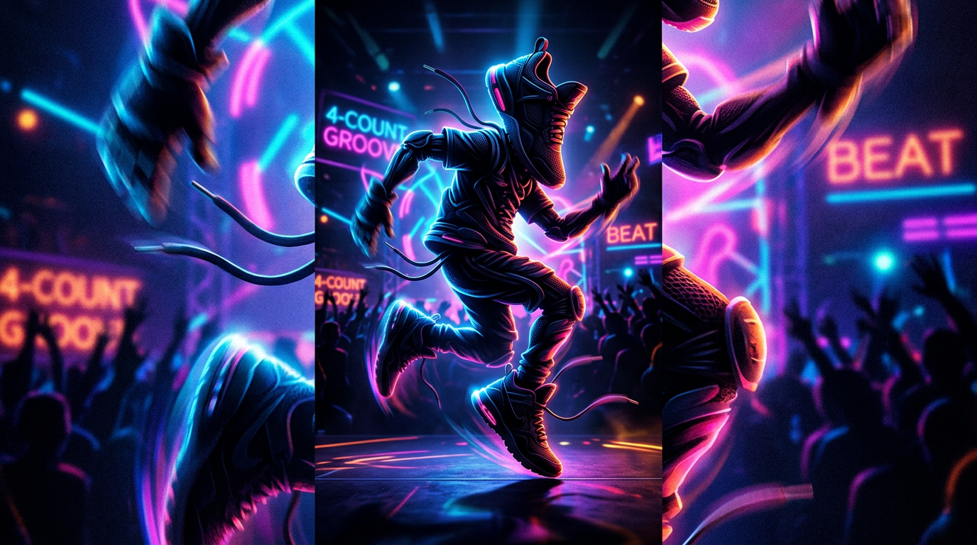 Stylized sneaker silhouette doing a four-count dance on a neon stage