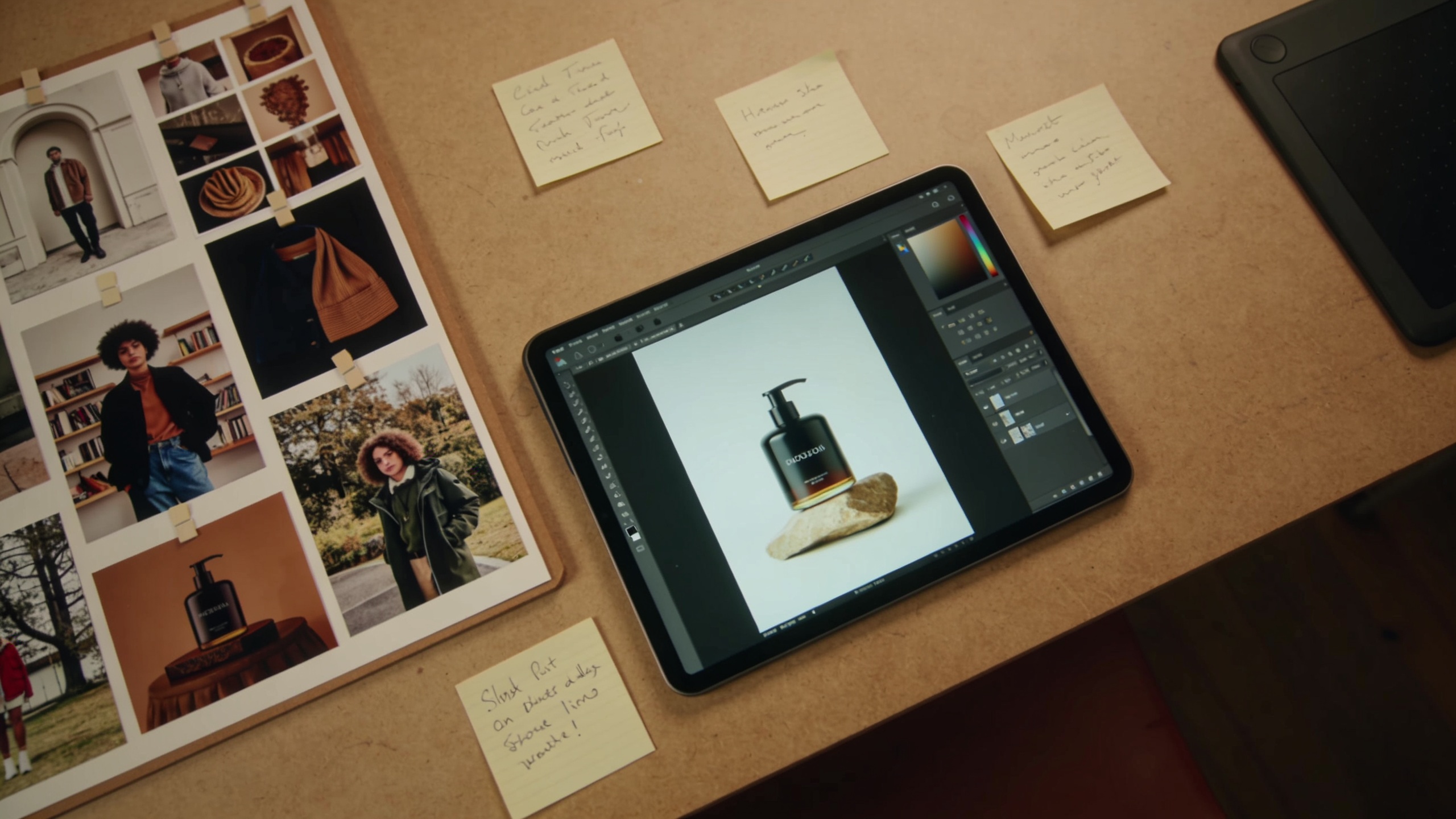 Tablet on a workspace showing a product image and notes