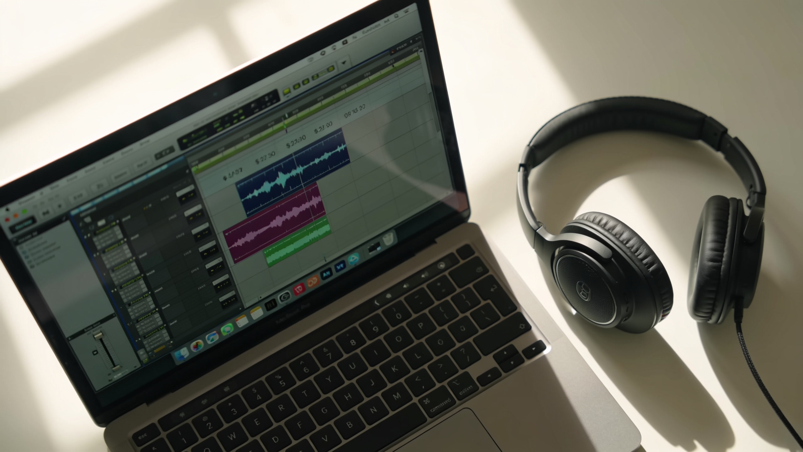 Laptop showing audio stems and timestamps on screen with headphones