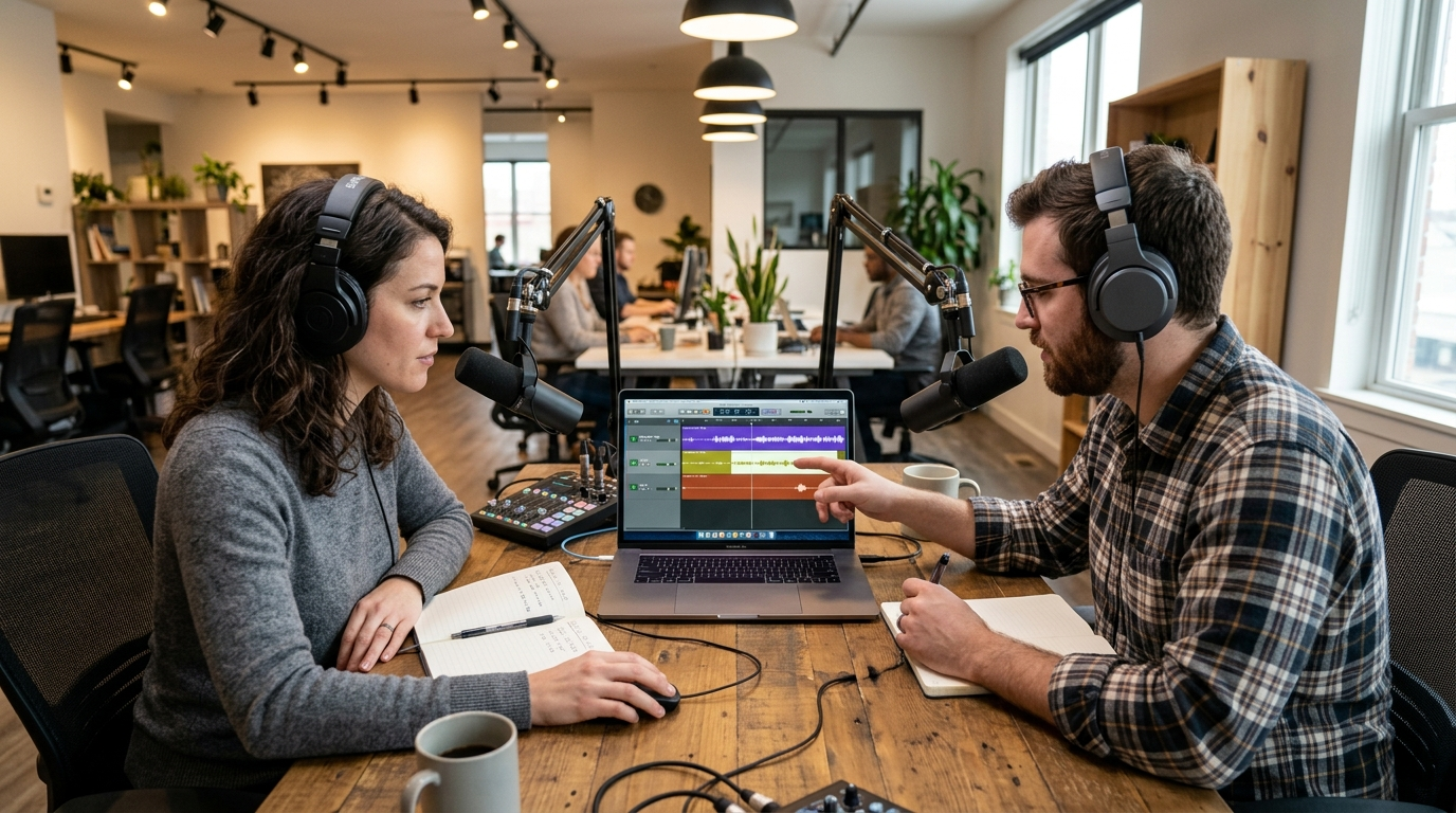 Reviewing podcast clips on a laptop with headphones