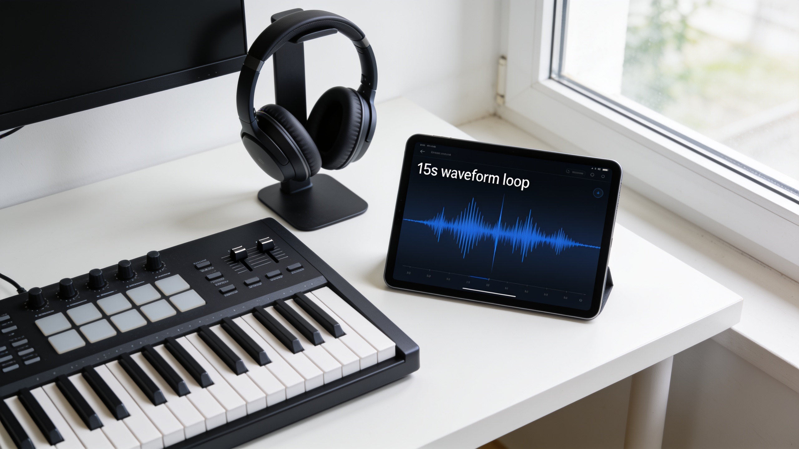 Headphones and MIDI keyboard beside tablet showing 15s audio loop