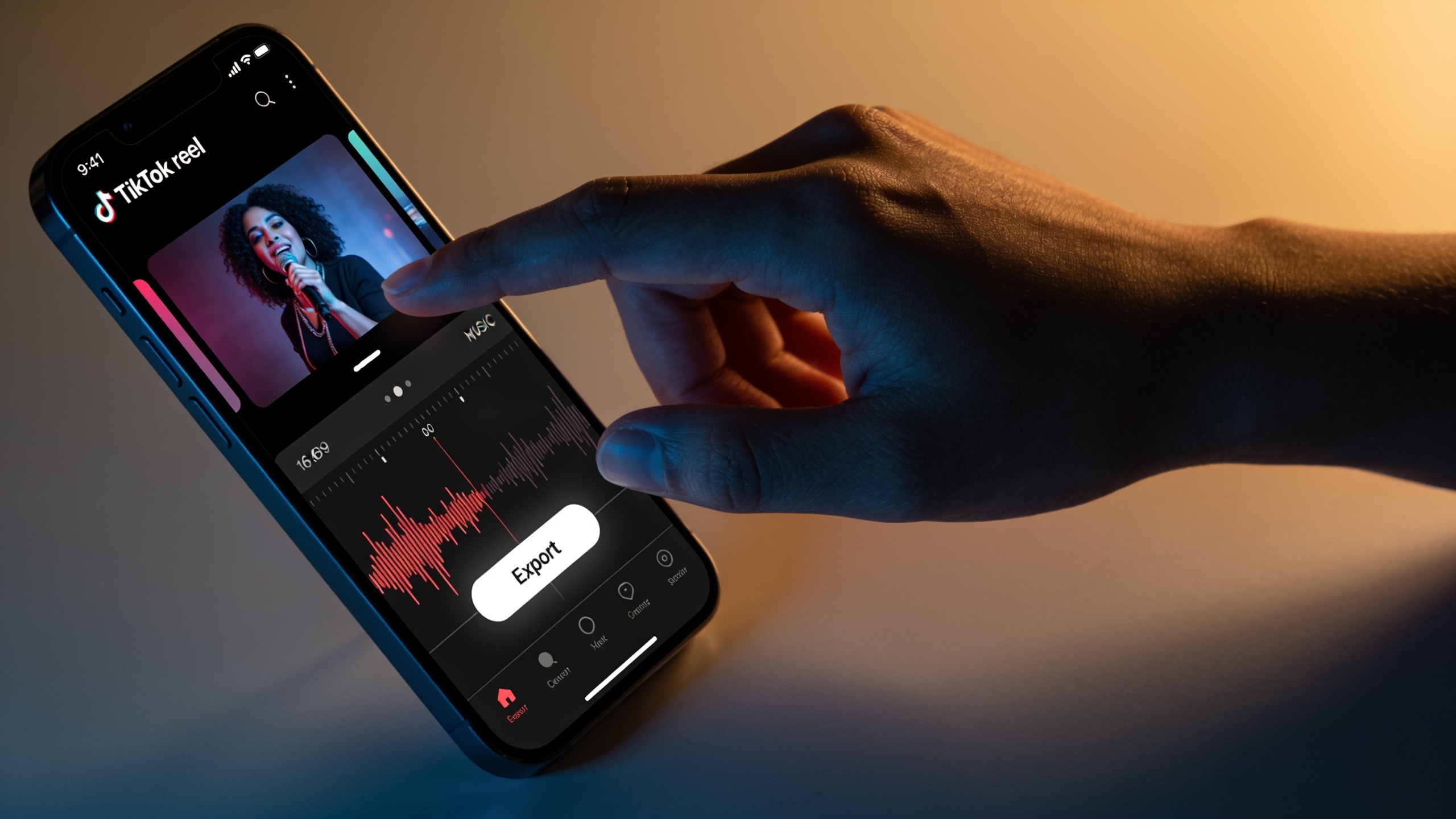 Phone with TikTok reel and waveform overlay being exported