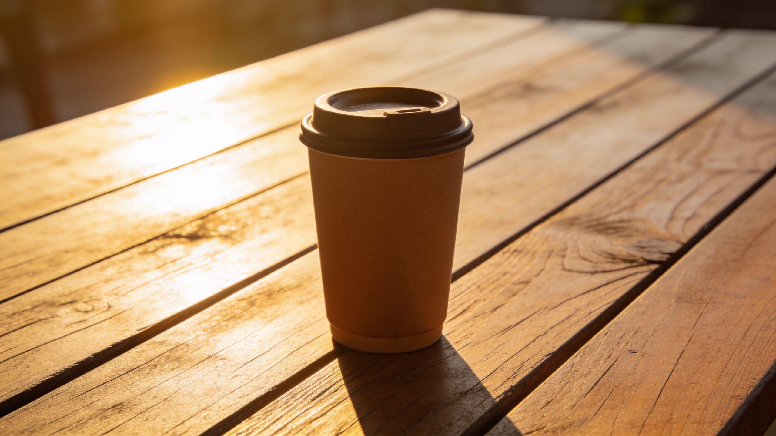 Coffee tumbler in golden-hour light on wooden table