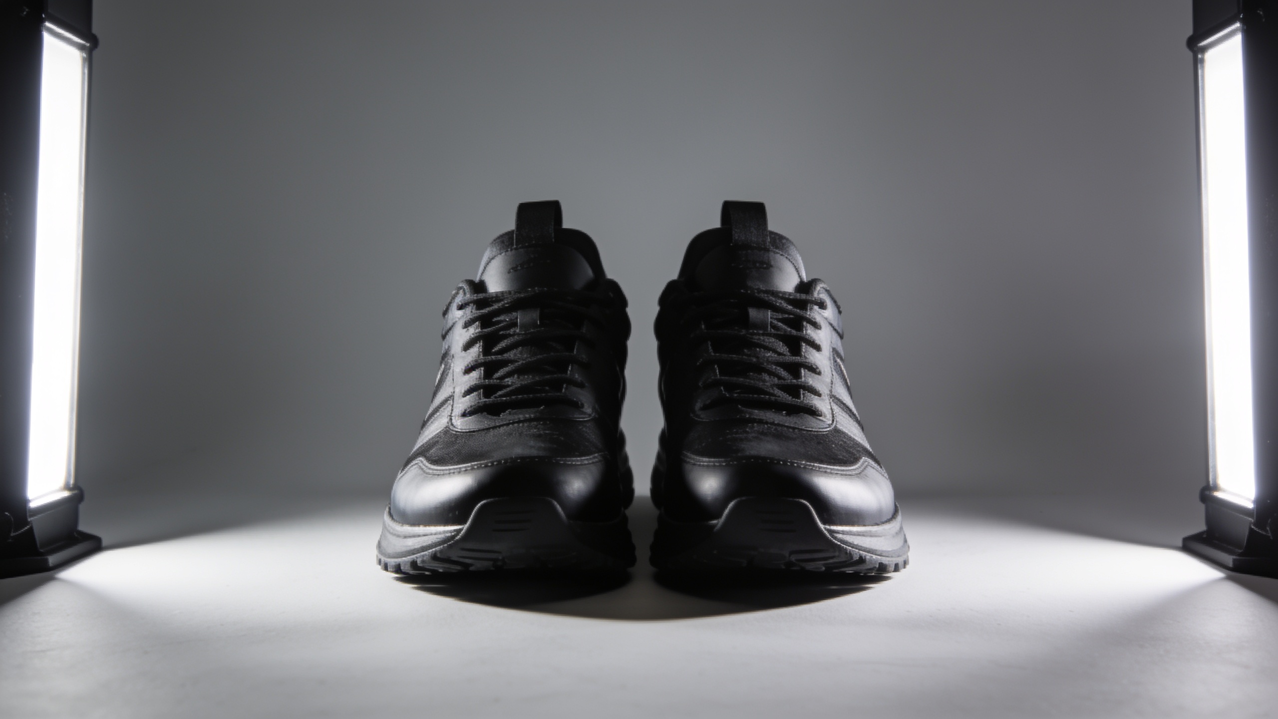 Shoes with dramatic rim lighting on gray backdrop