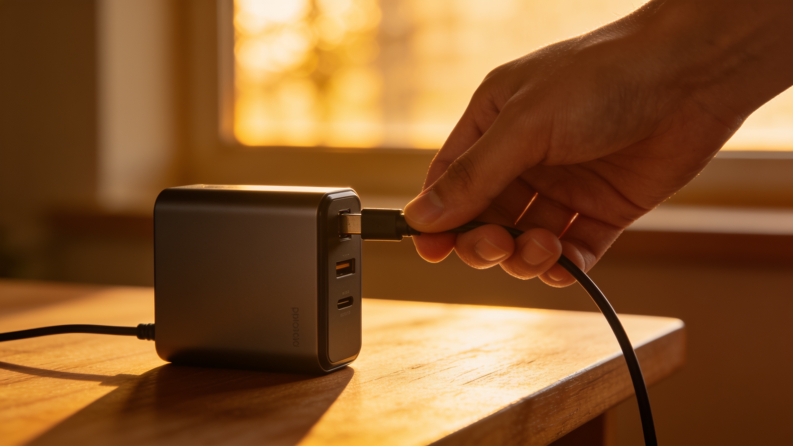 Lifestyle product use: hand plugs cable into charger on wooden table