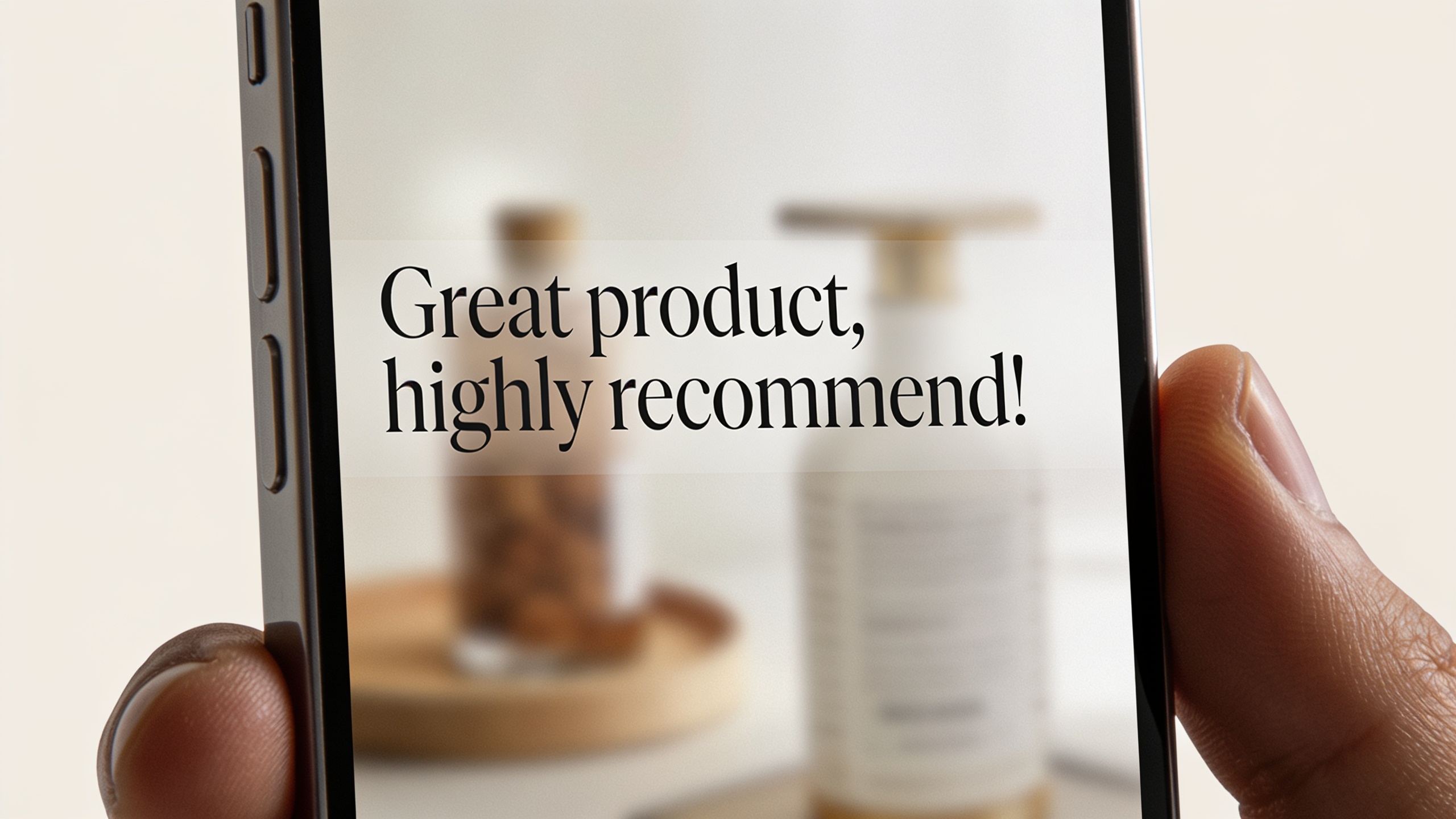 Quote card: mobile screen with customer quote over blurred product background