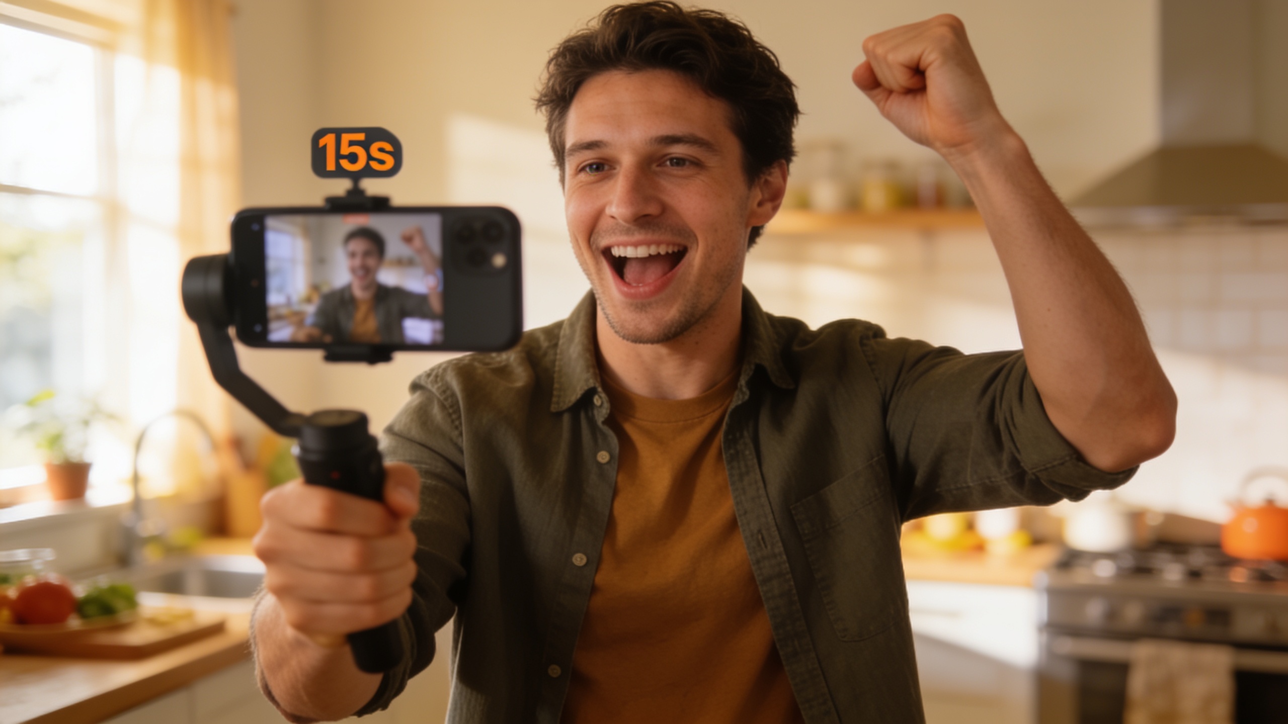 Creator filming a 15-second hook on a smartphone, vertical