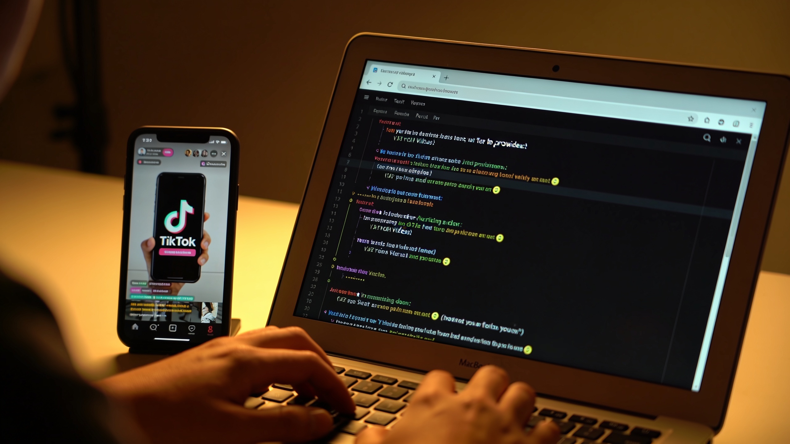 Creator at laptop batching prompts with a phone previewing a vertical TikTok clip