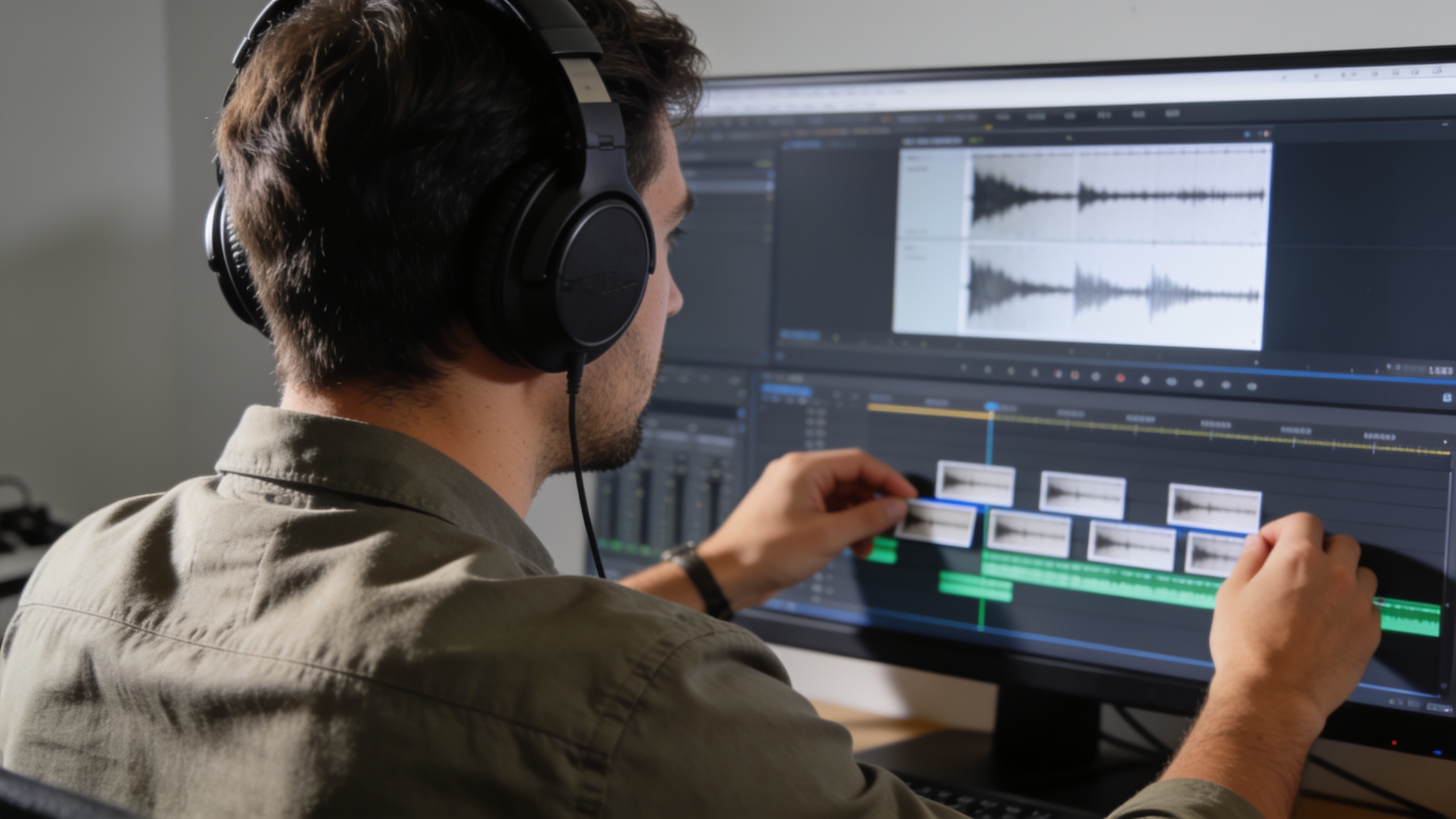 Editor arranging cloned voice clips on a timeline in audio software