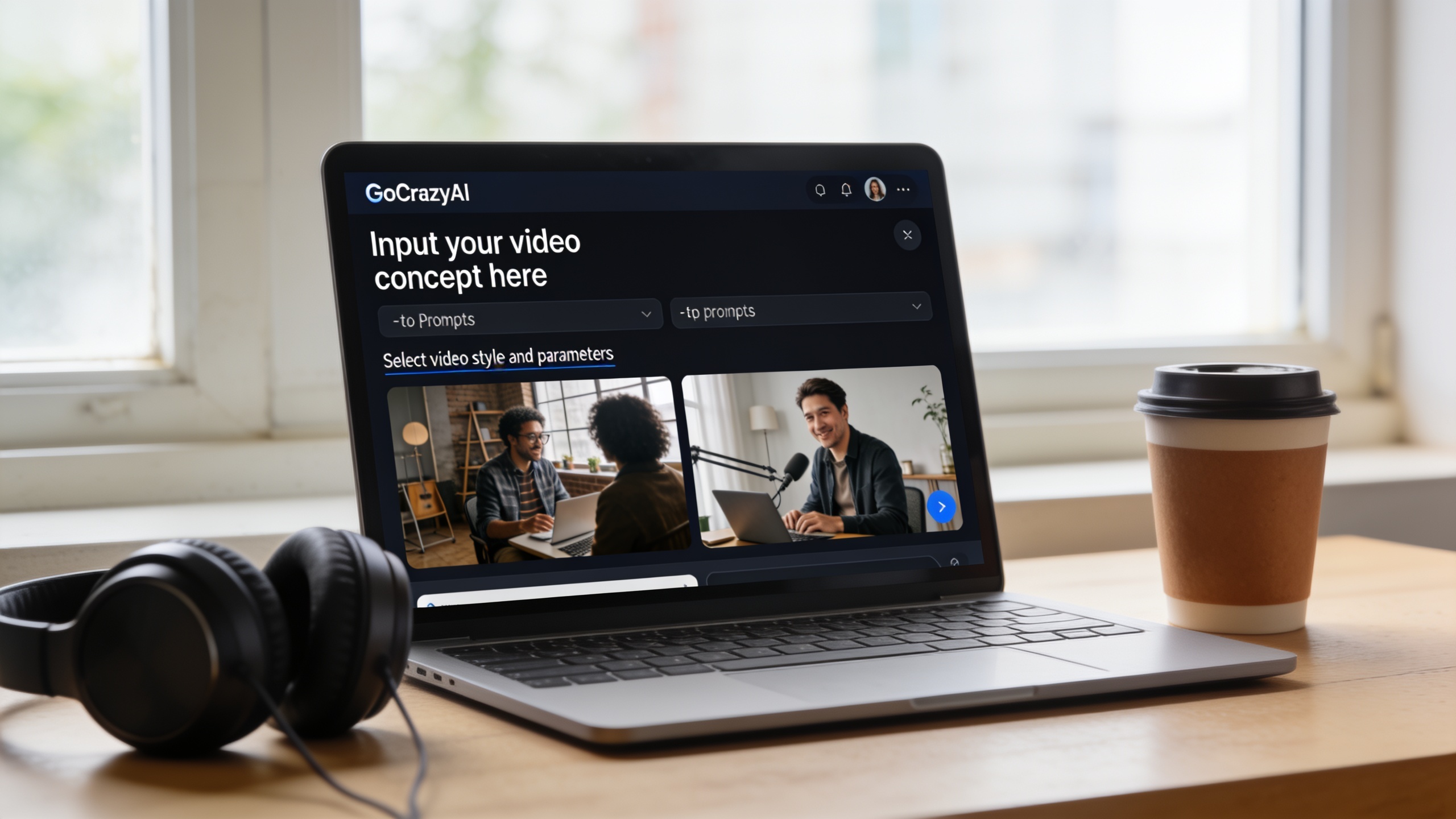 Laptop with GoCrazyAI text-to-video prompts visible