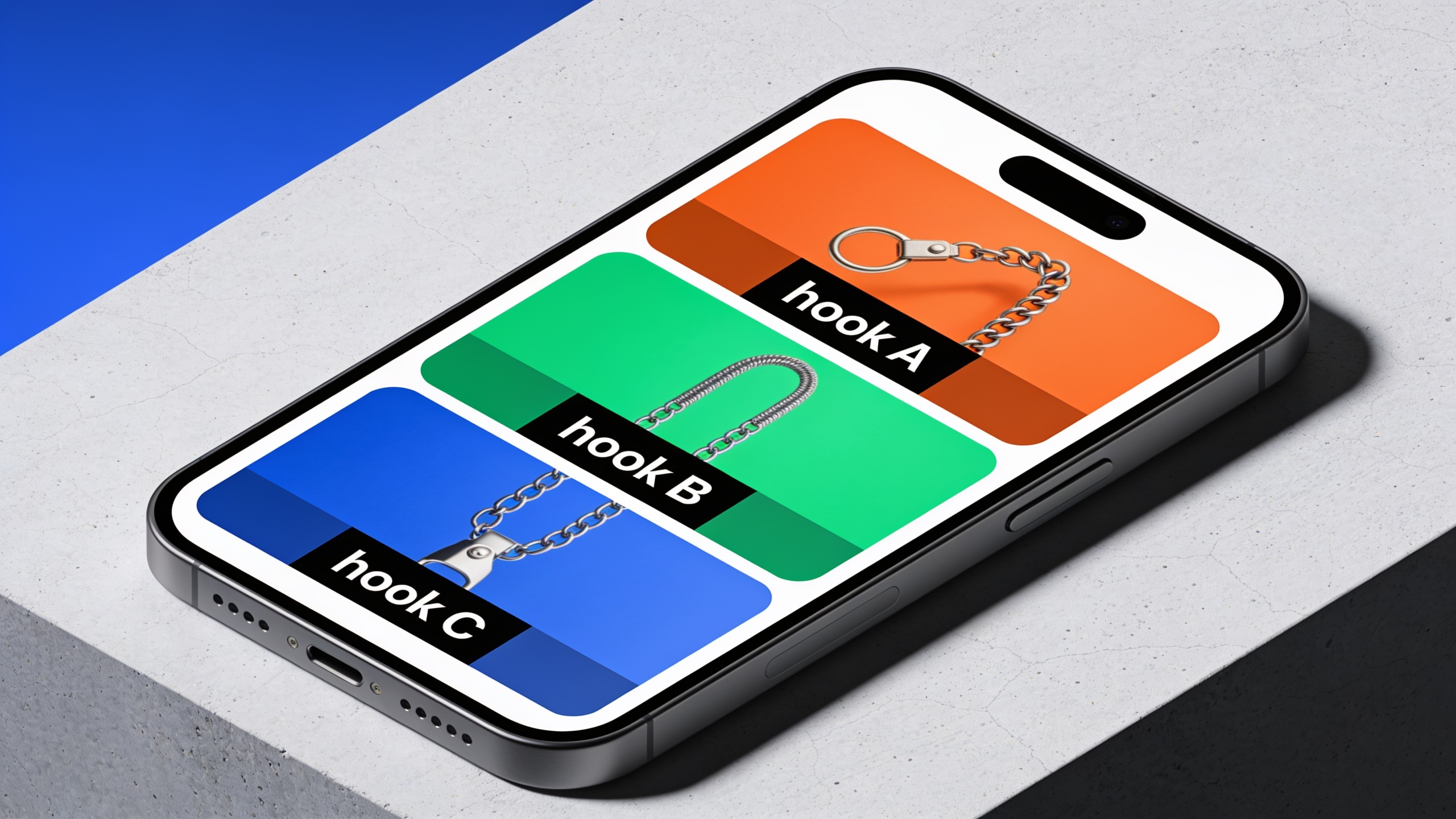Phone mockup with three variant thumbnails for A/B testing