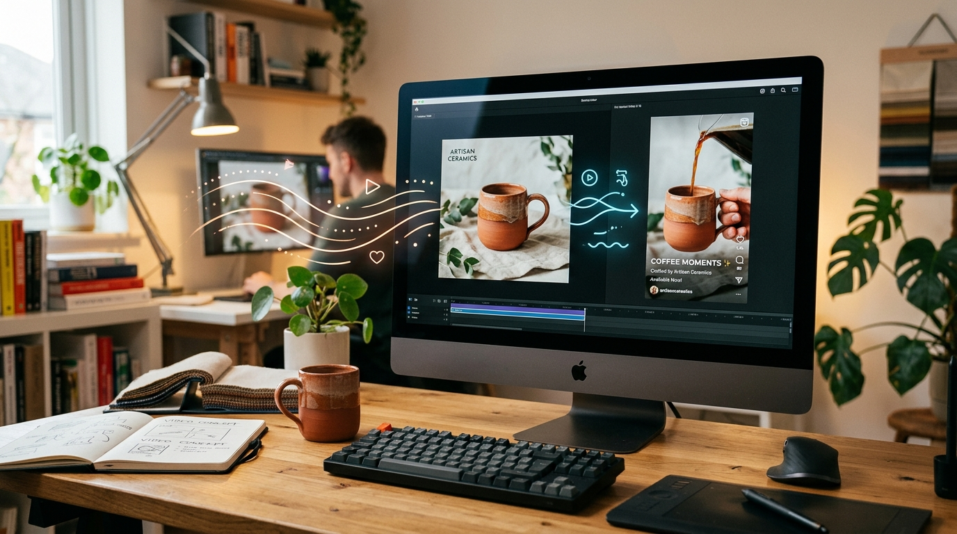UI showing conversion of product photo into 9:16 preview video
