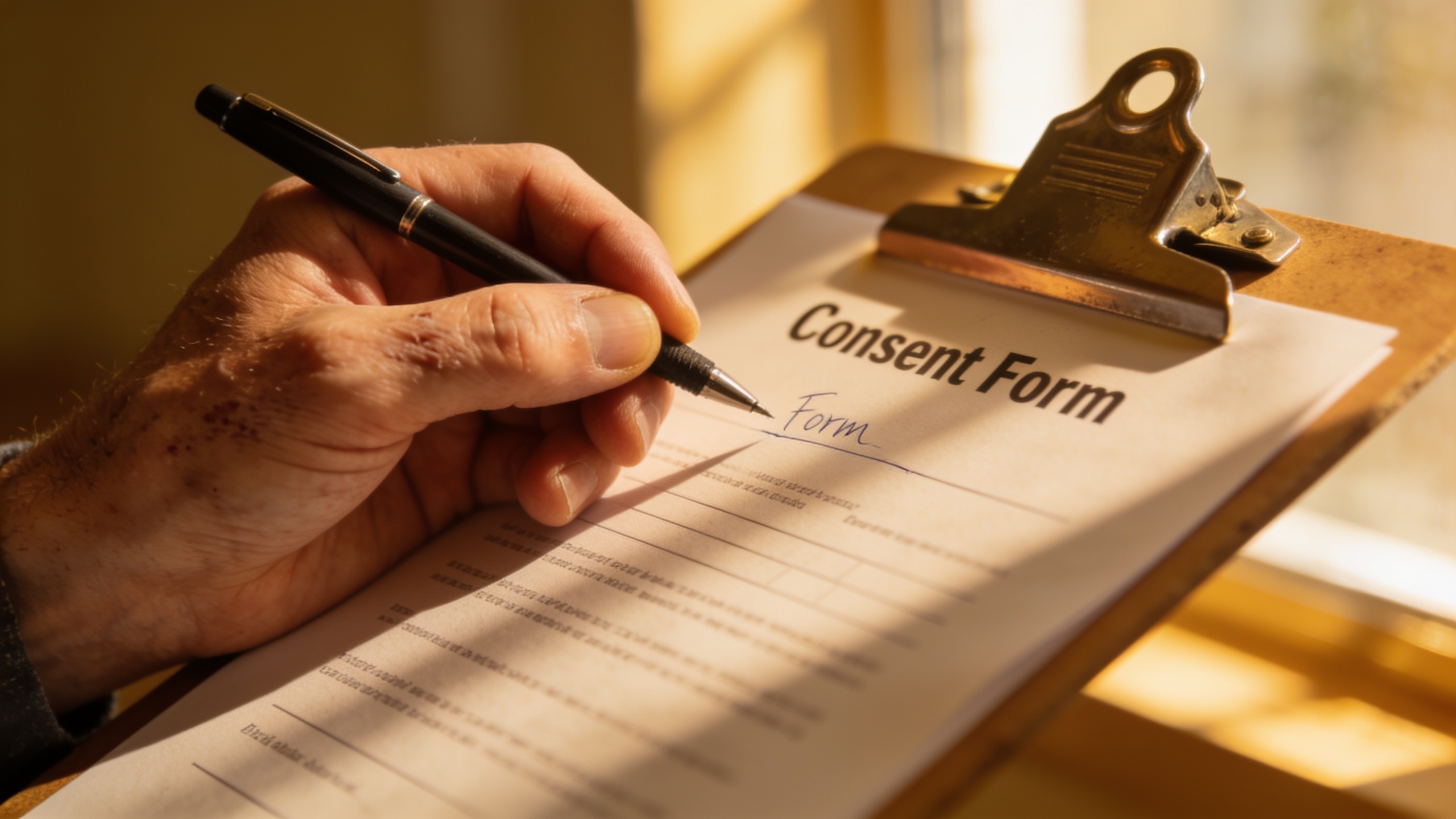 Signing consent form on clipboard