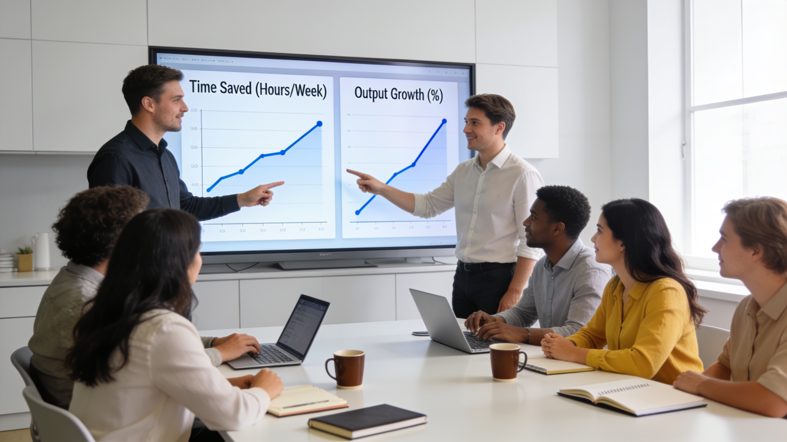 Team reviewing content production and ROI charts