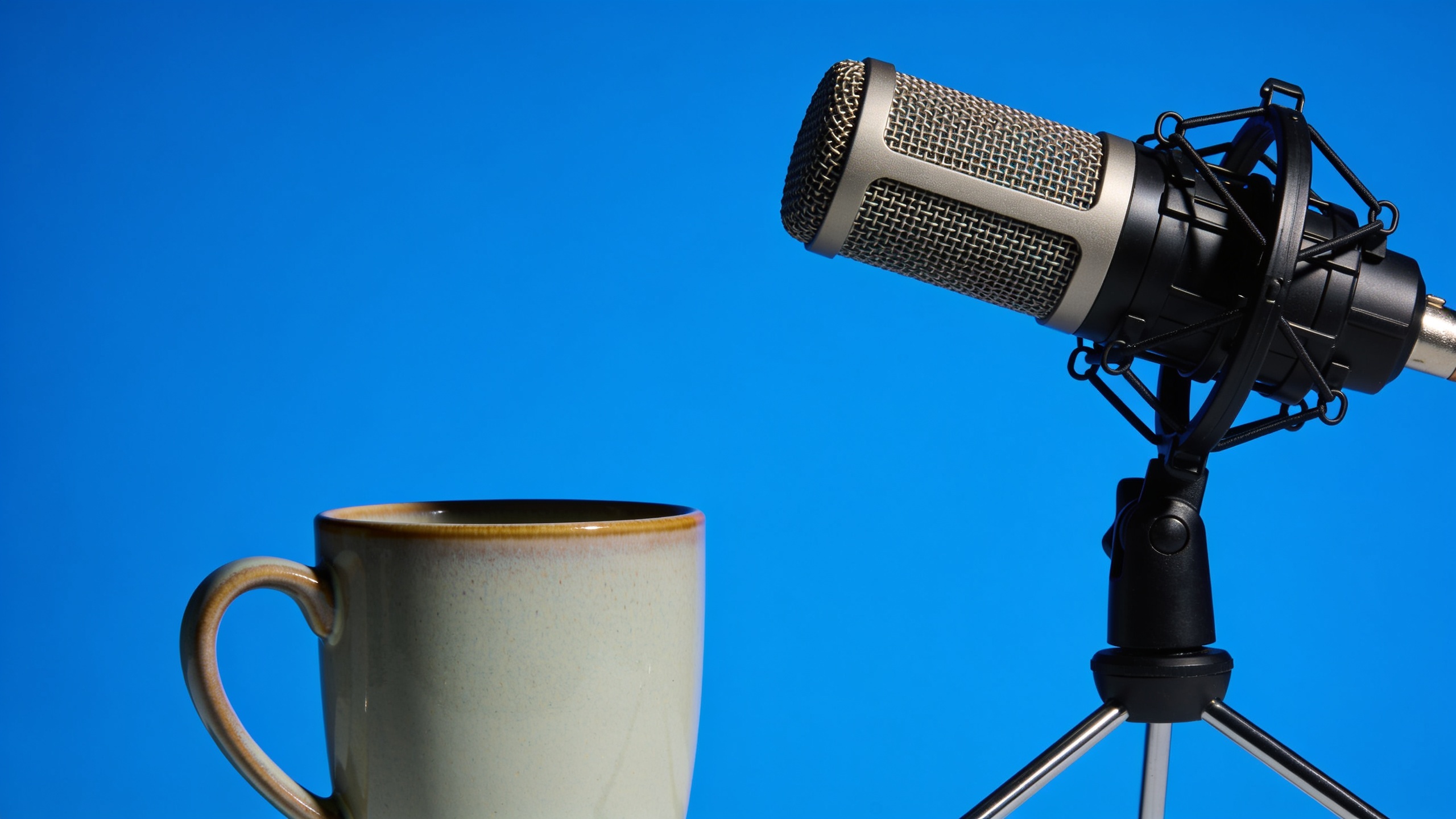 Single editorial thumbnail with microphone and mug on cobalt background