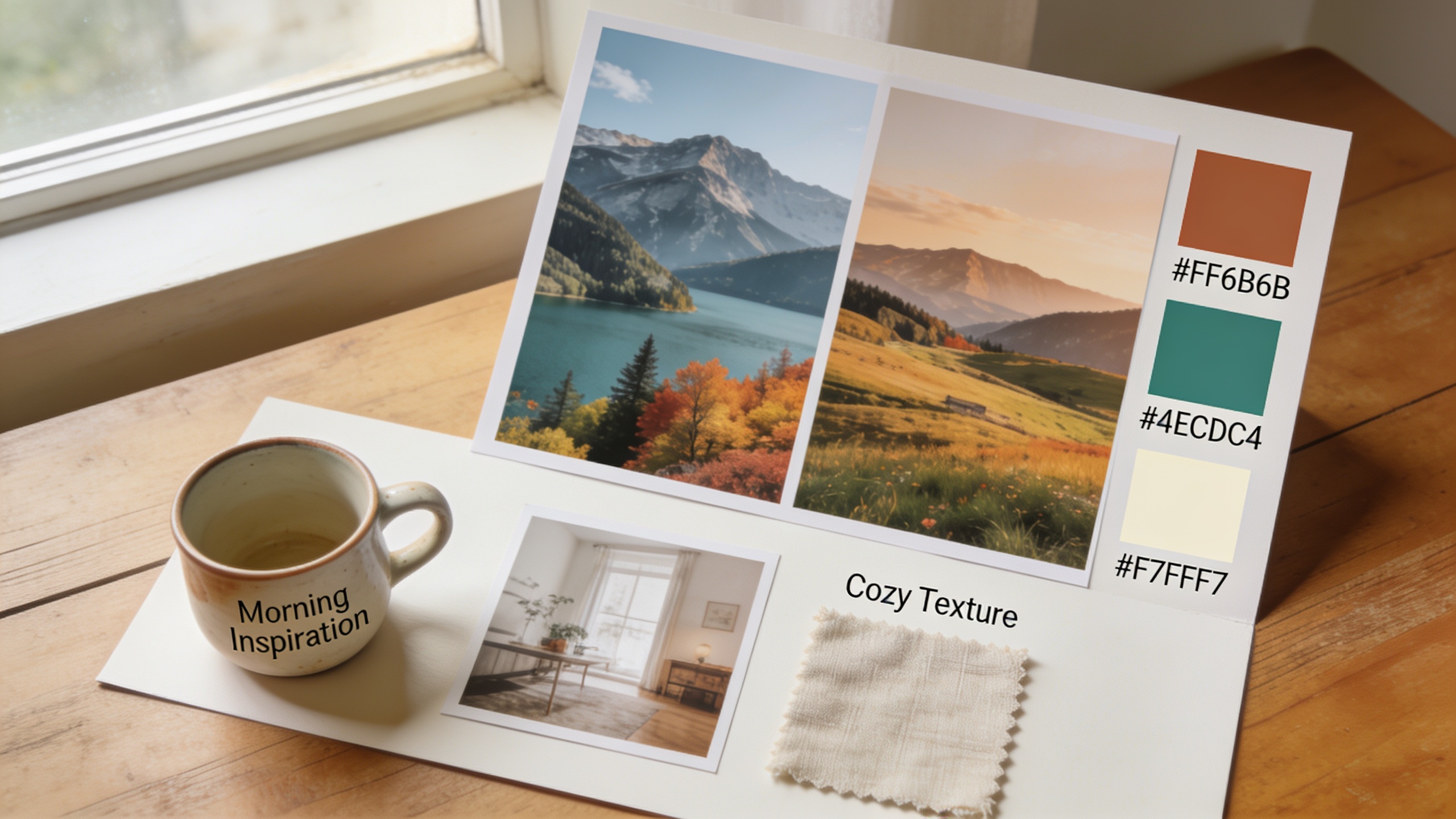 Mood board flatlay with hero images and color swatches