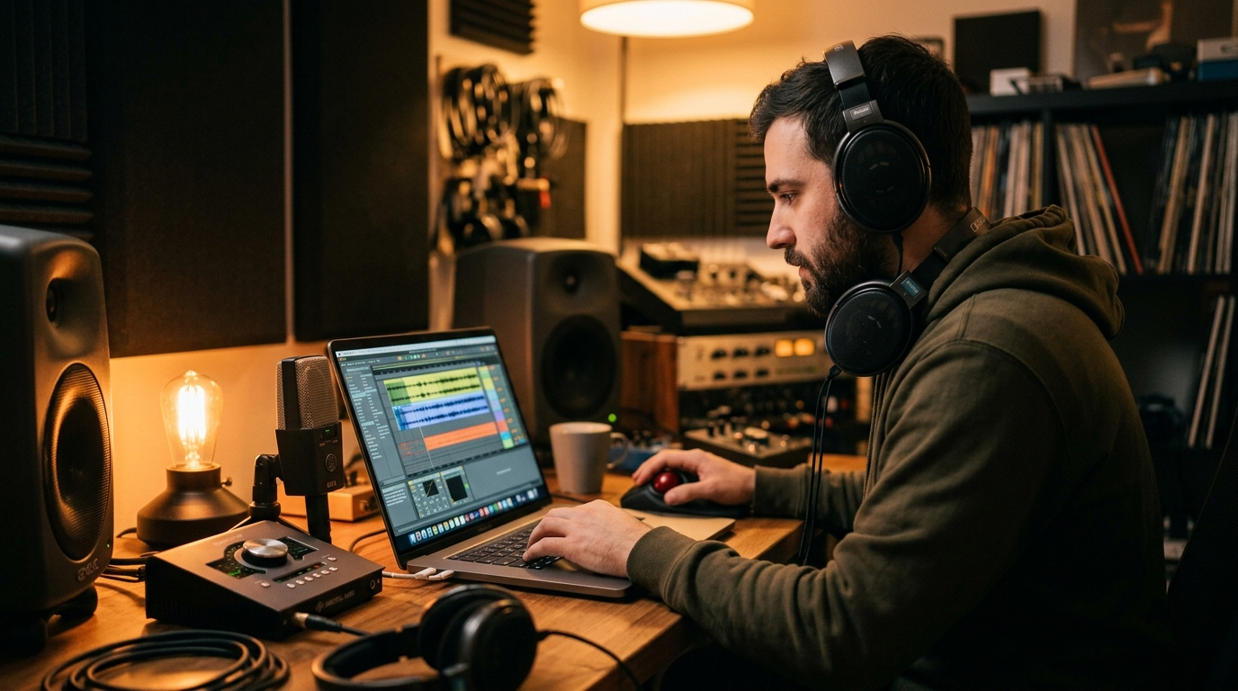 Creator editing AI-generated music on a laptop in a studio