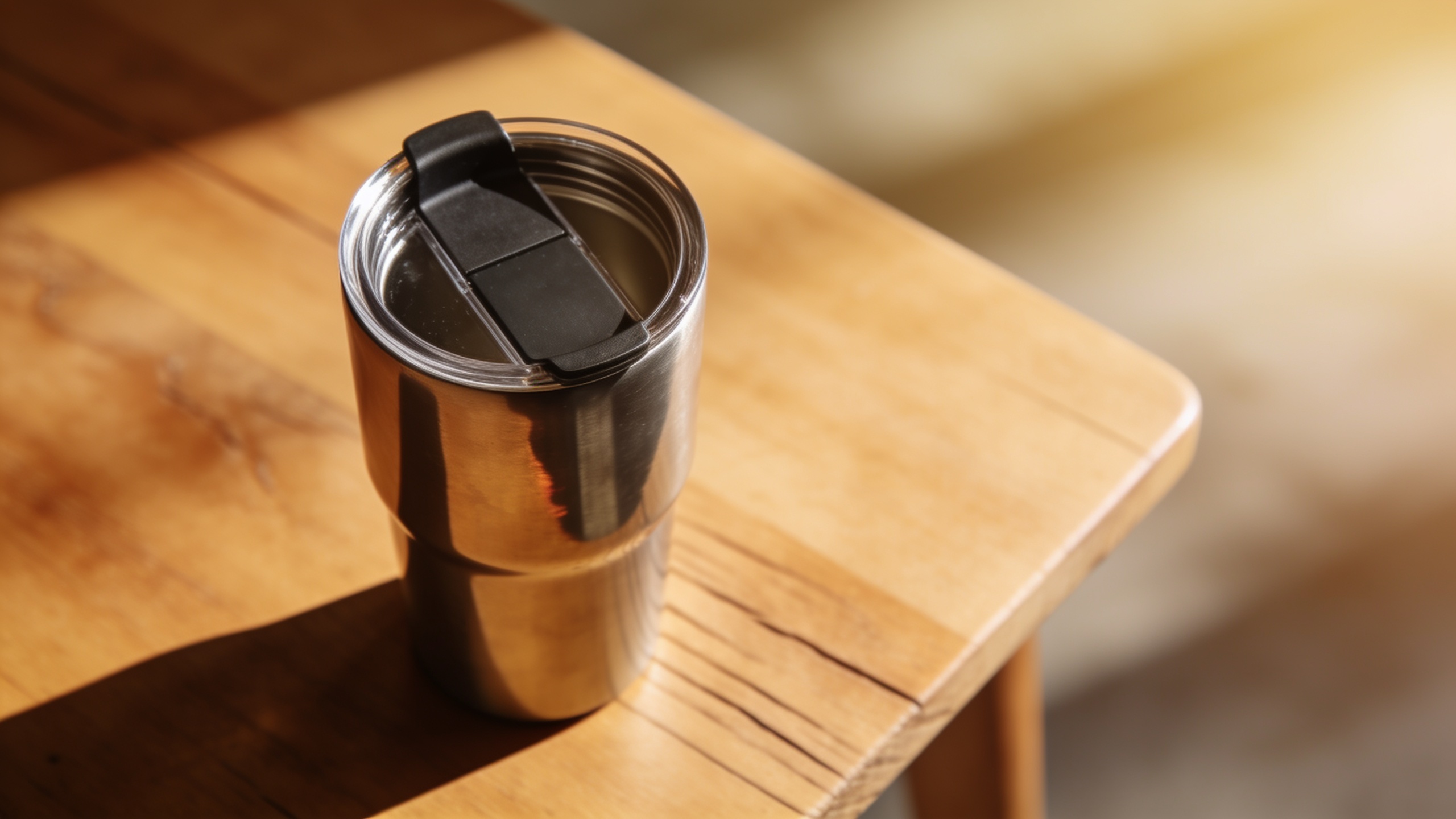 Top-down travel mug on wooden table in warm light