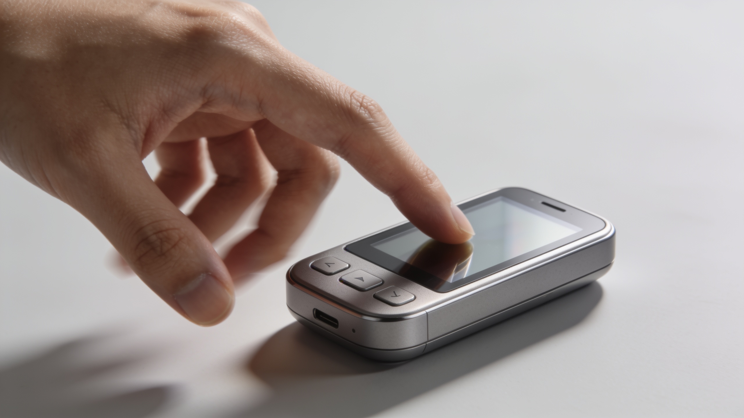 Hand interacting with compact tech gadget on neutral background