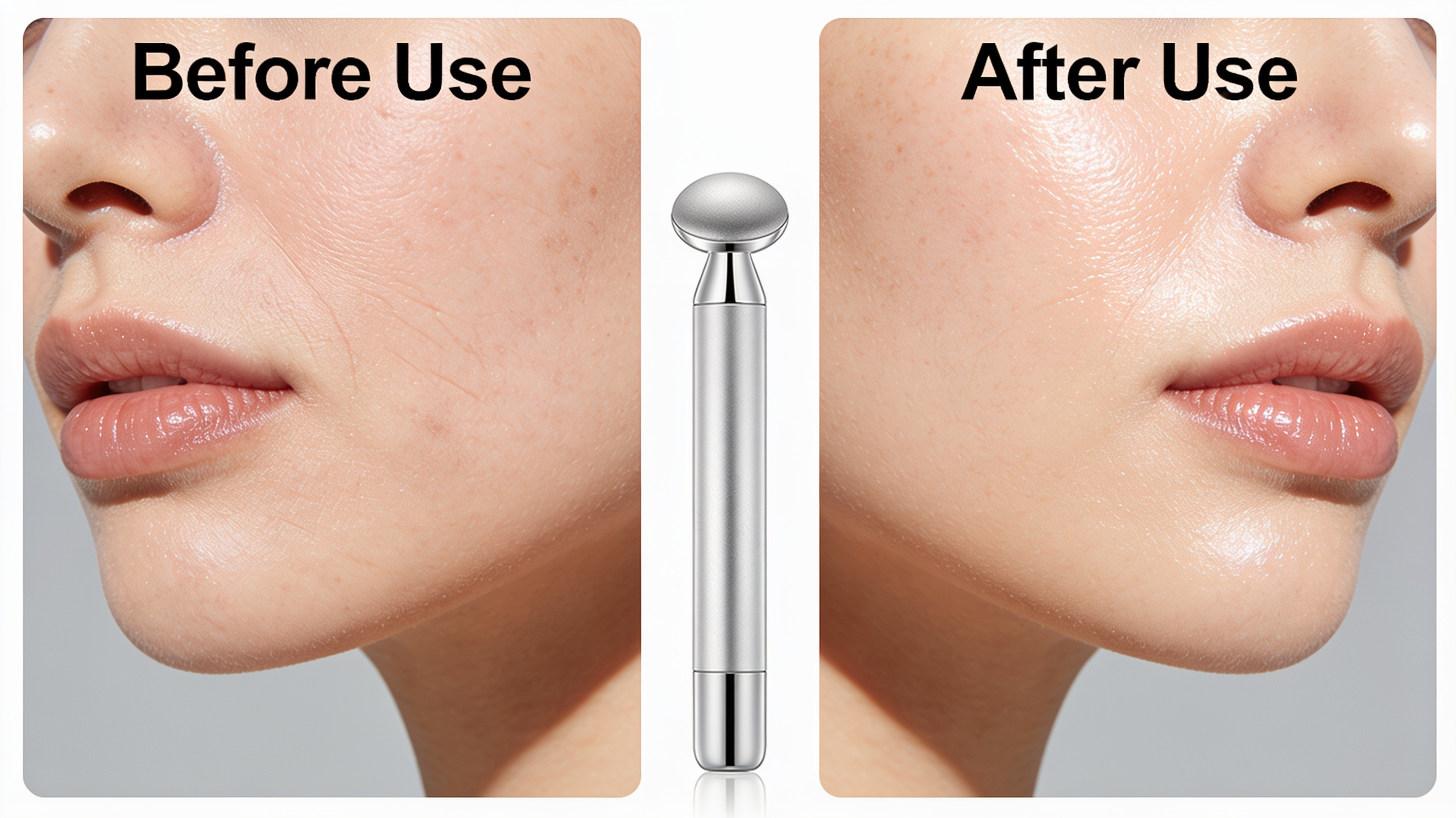 Before and after split-frame of beauty device in vertical crop