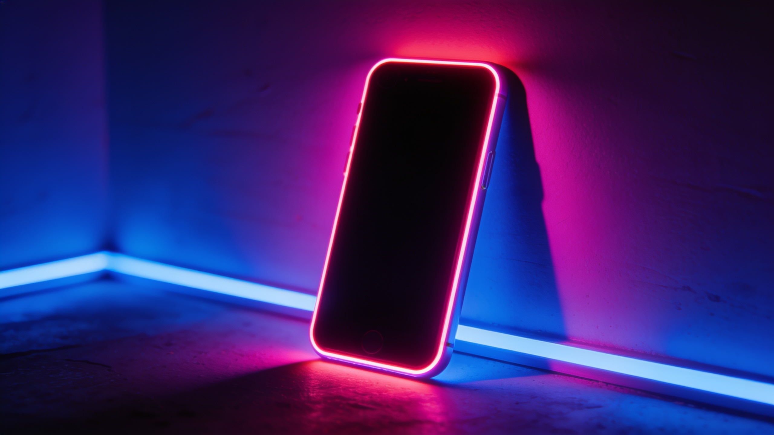 Phone lifestyle shot relit with magenta-blue neon rim light