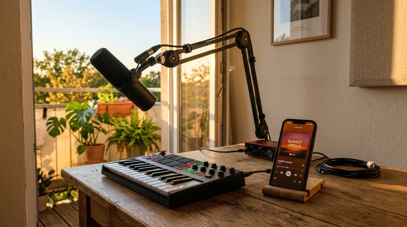 Recording setup with microphone and MIDI keyboard and phone playing a jingle