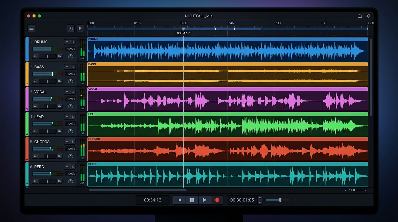 Audio stems labeled lead, drums, vocal displayed as waveforms