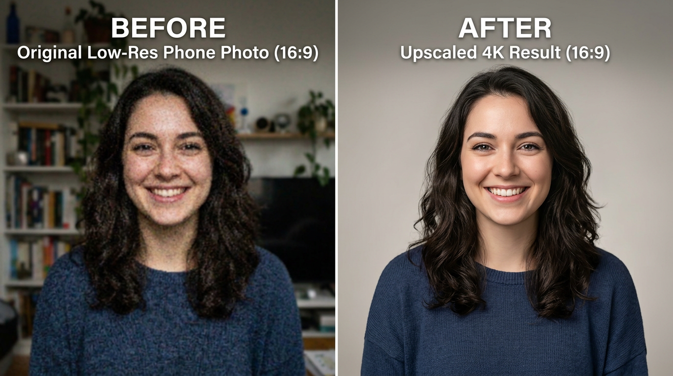 Side-by-side before and after upscaling comparison showing improved detail