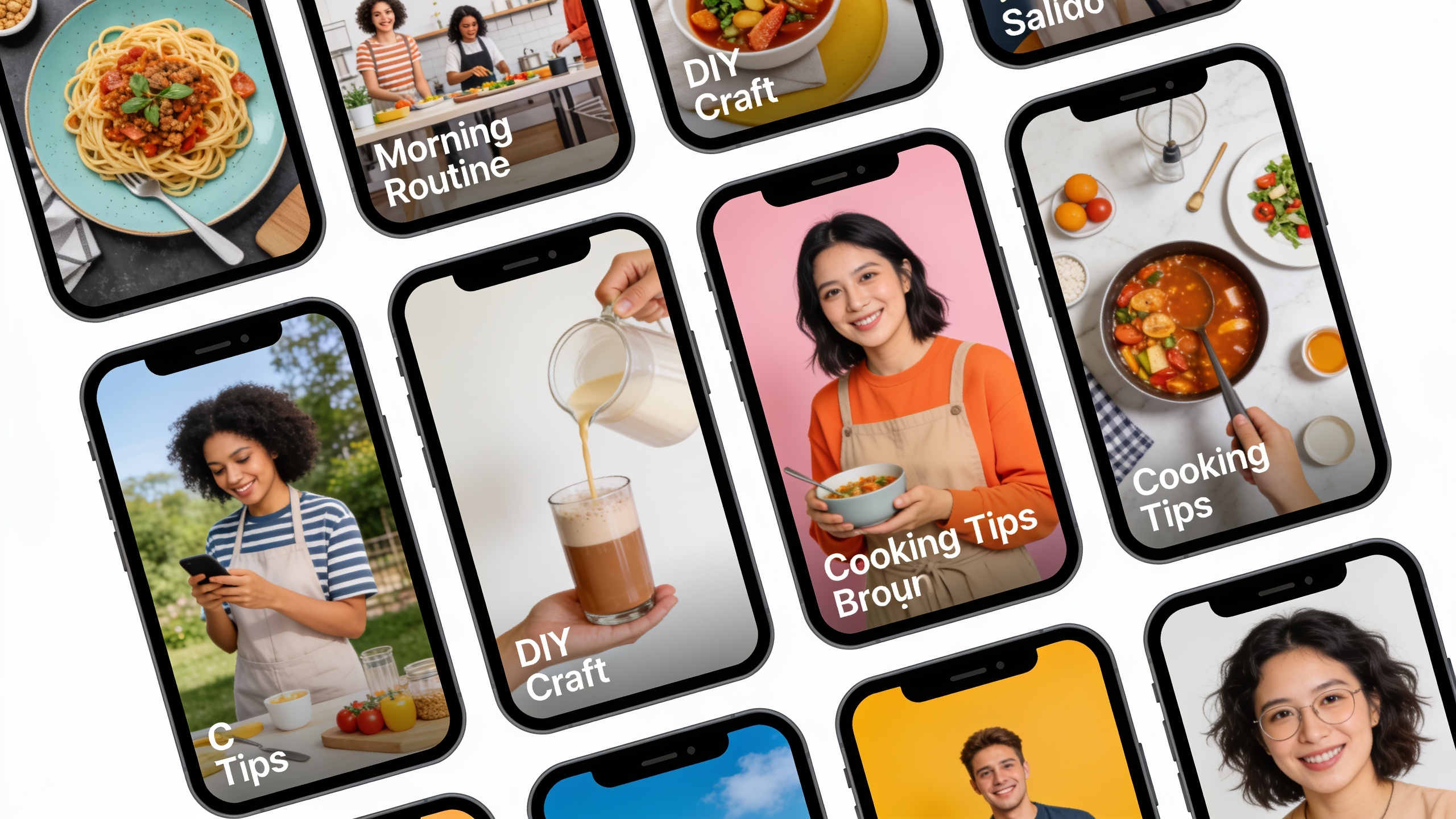 Grid of twelve vertical video thumbnails on a mobile device