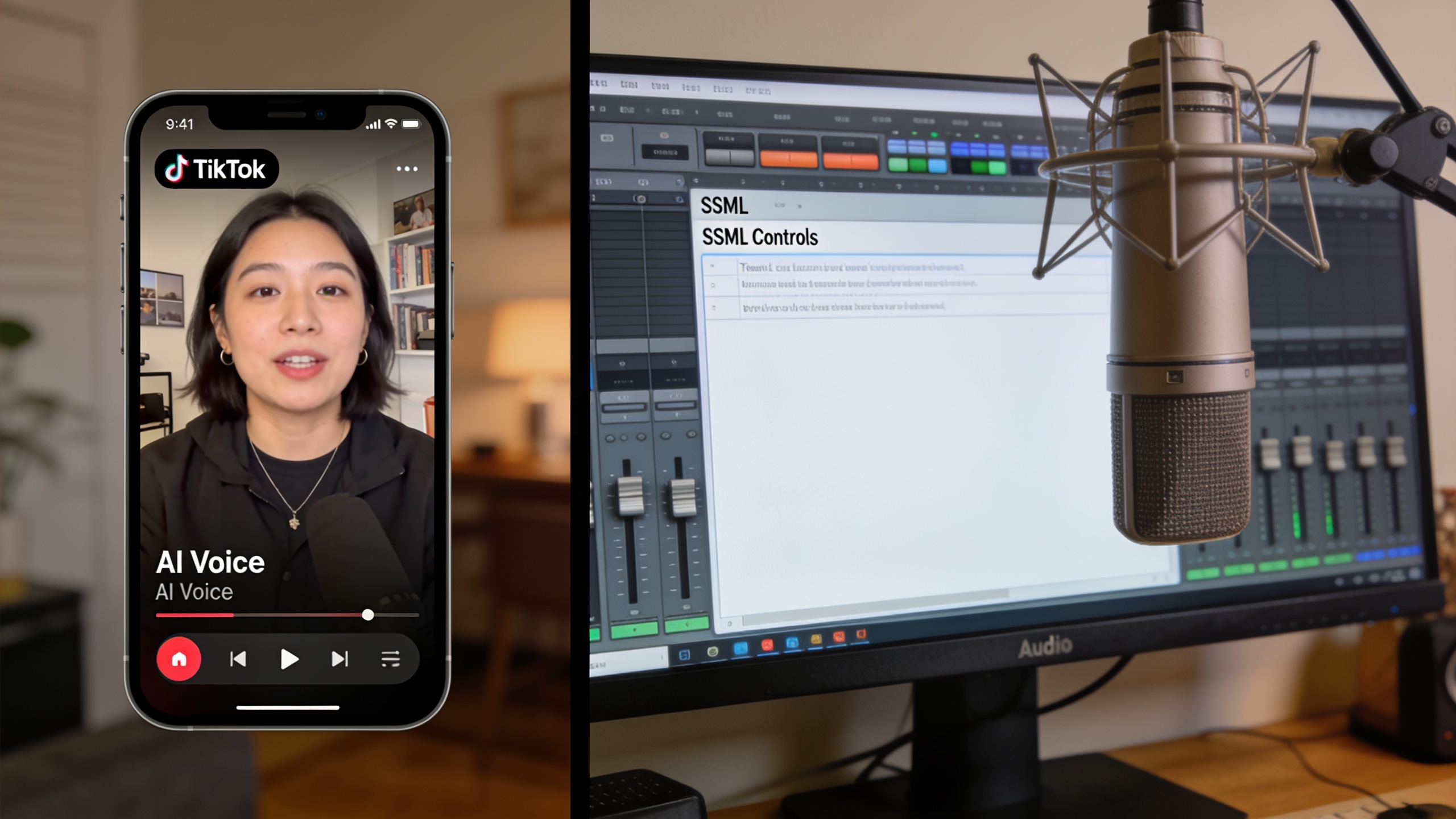 Split-screen of social clip playback and audio editor with SSML controls