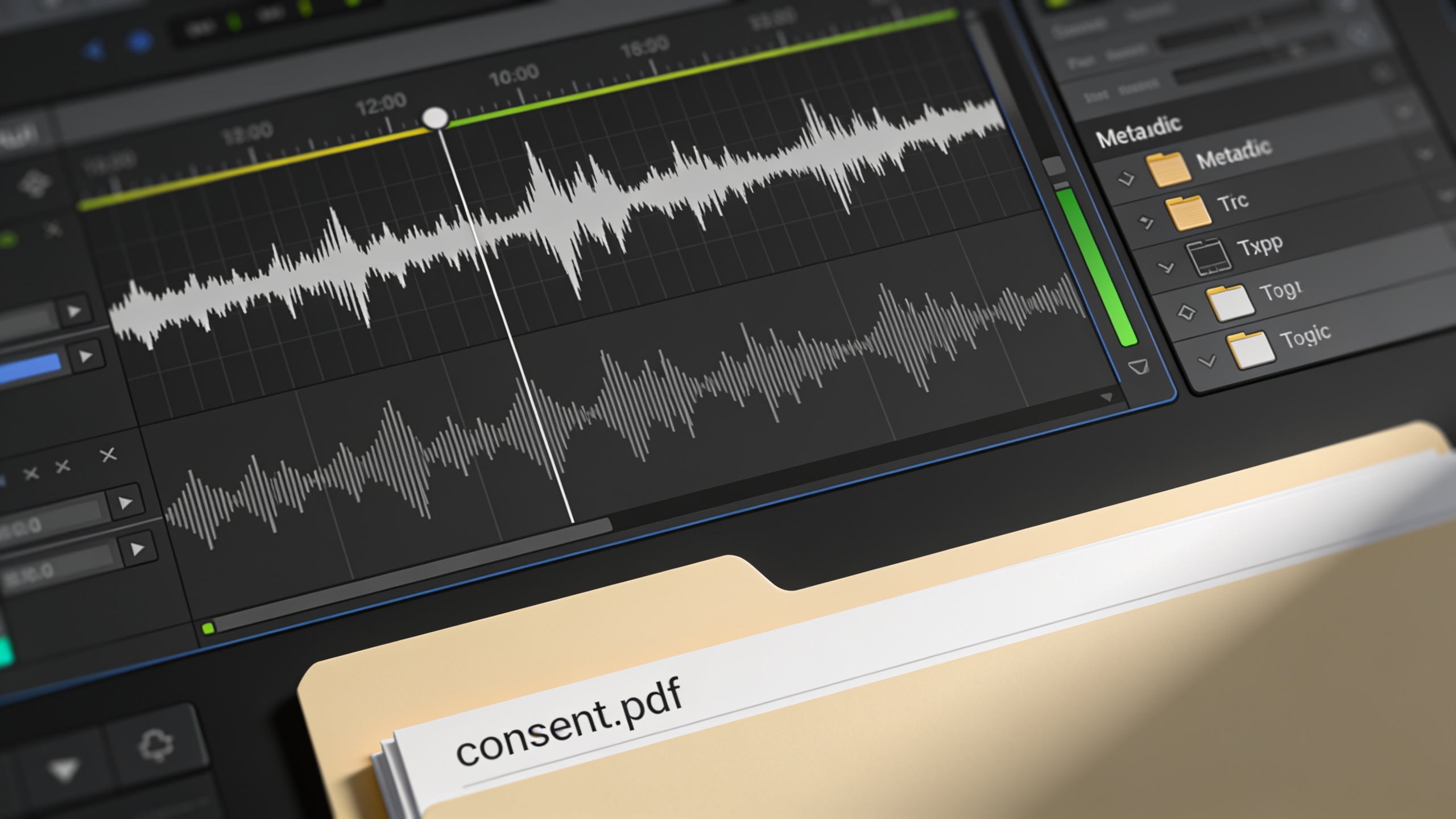 Close-up of waveform and consent file in a project folder