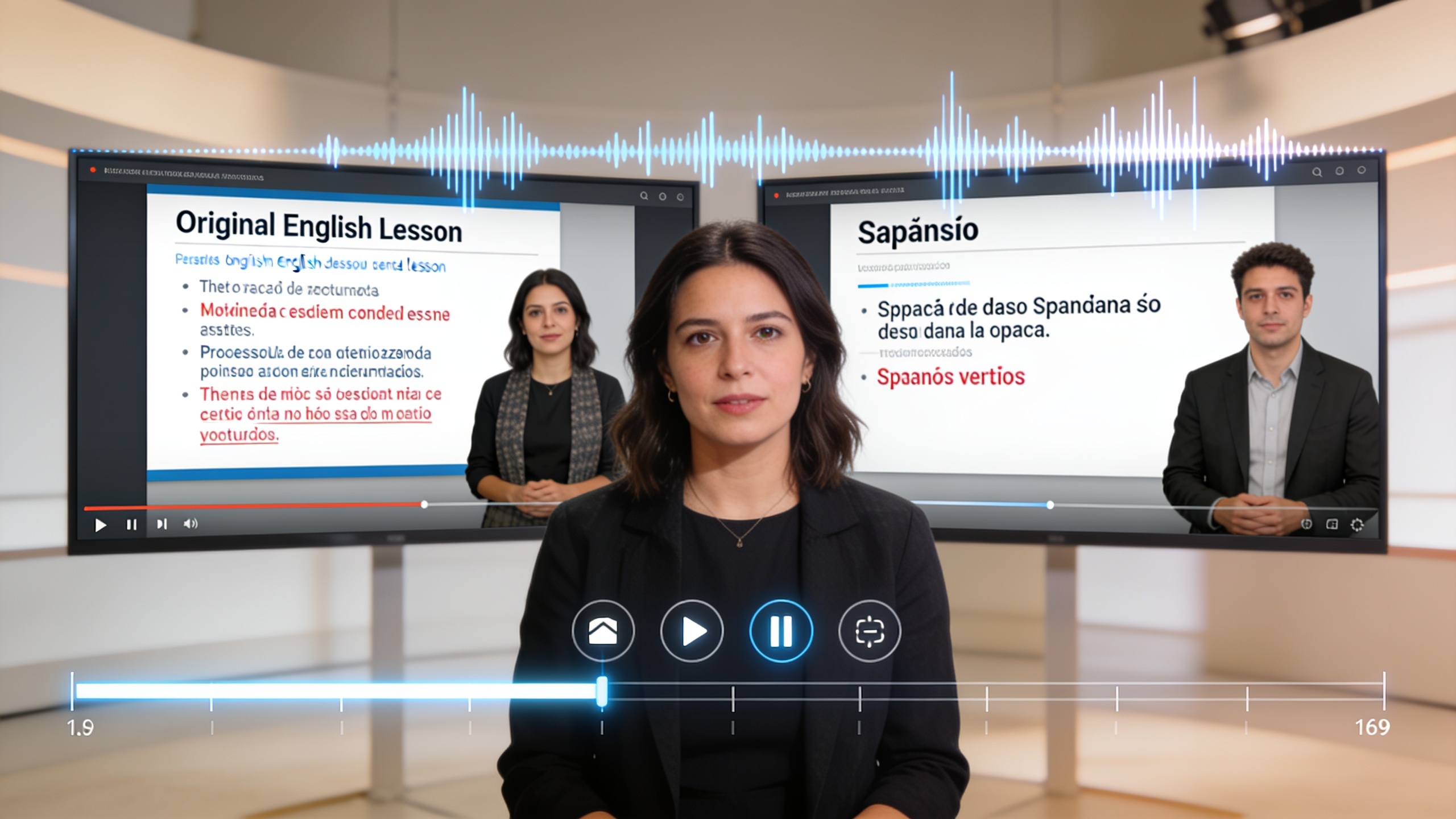 Split-screen showing original and dubbed lesson with timeline overlays