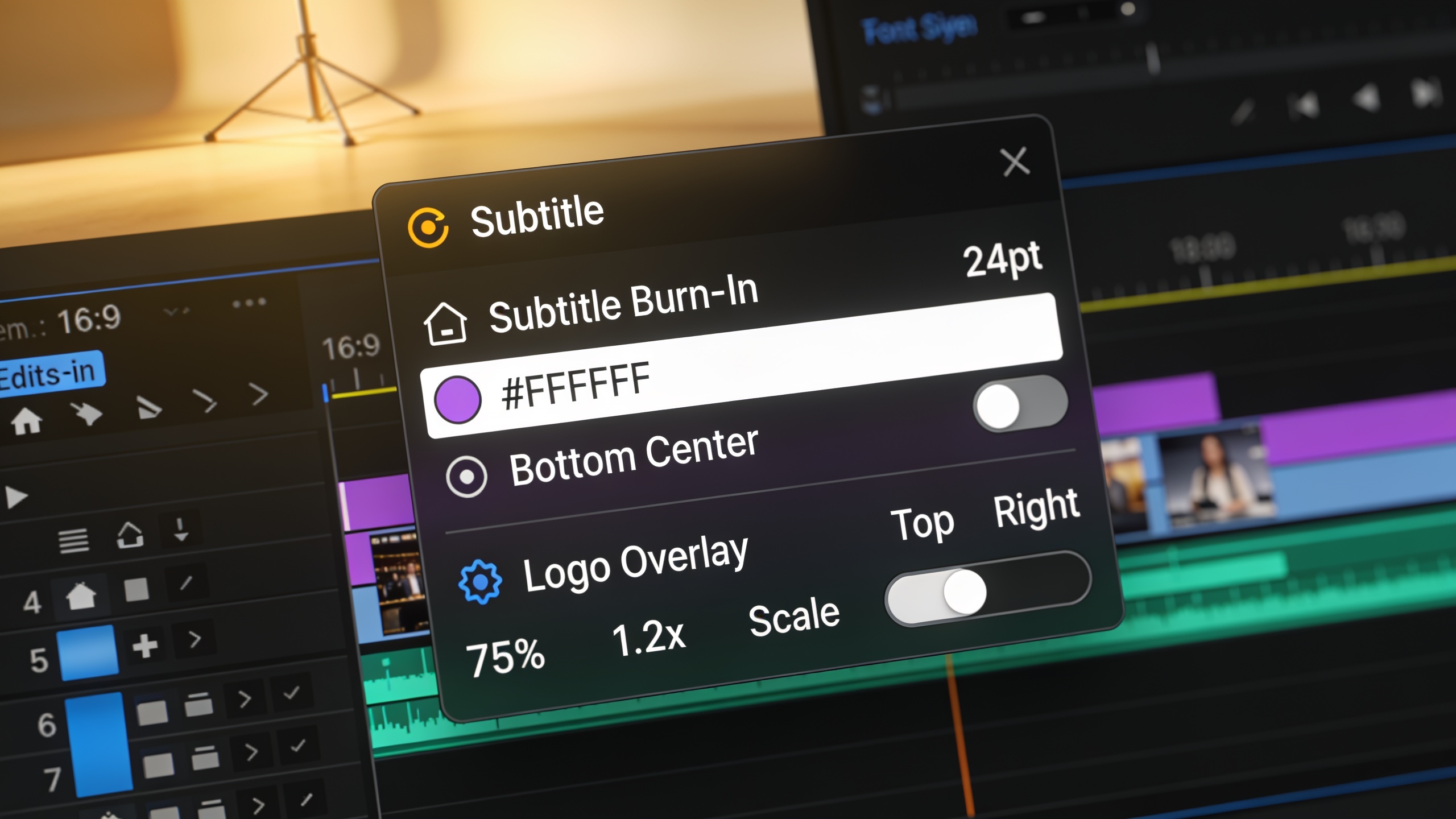 Editor timeline with subtitles and logo overlay layer visible