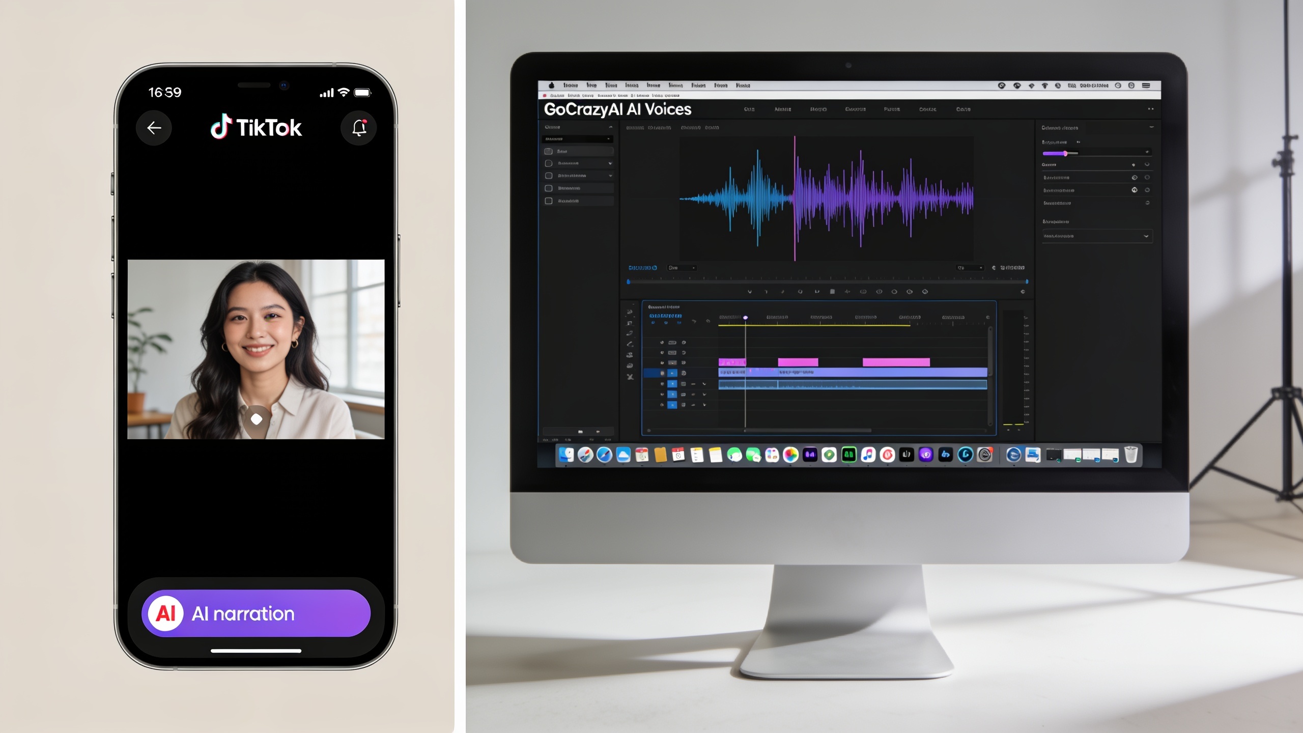 TikTok upload with an "AI narration" label beside GoCrazyAI AI Voices waveform editor.