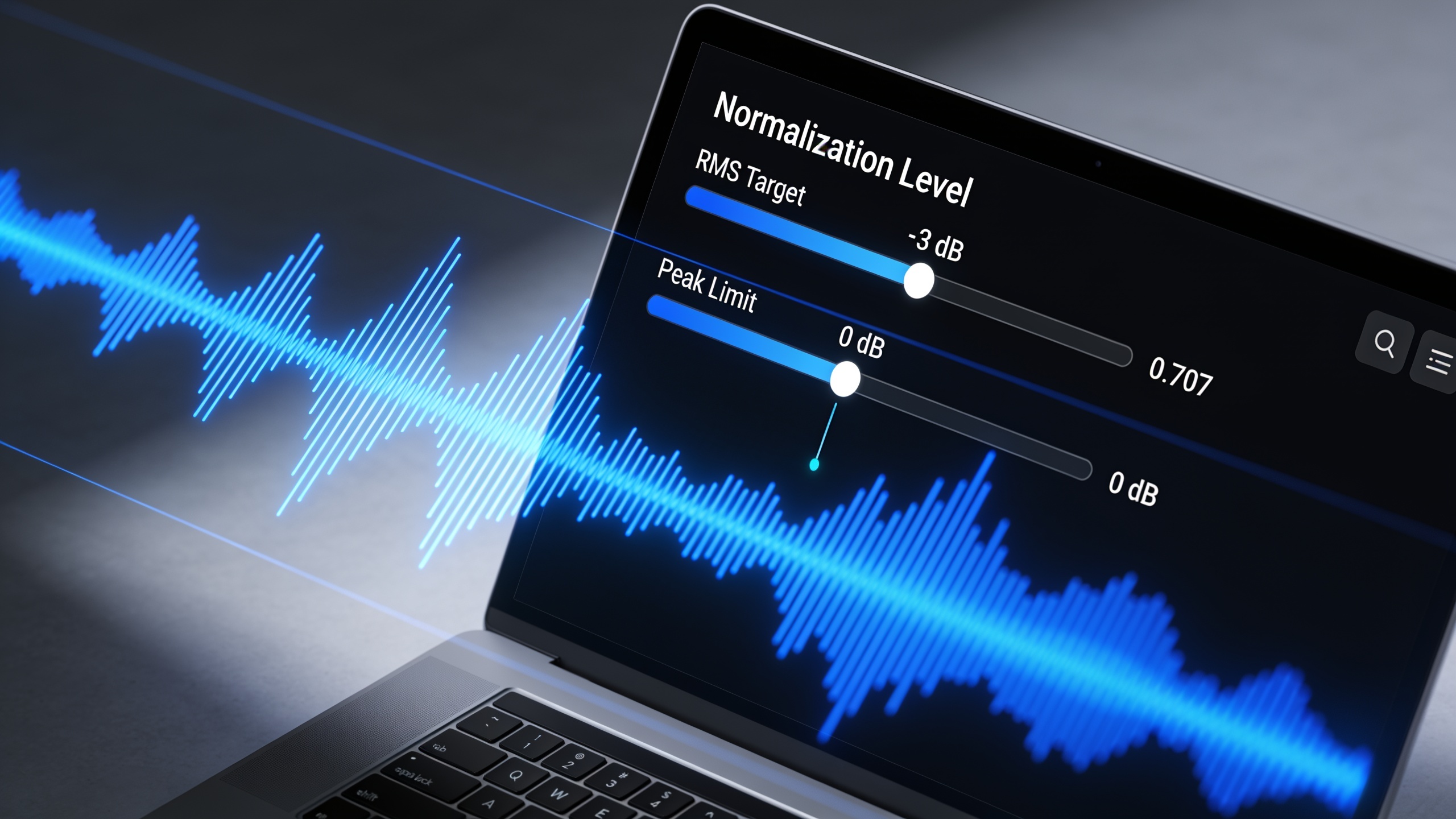 Waveform visualization on a laptop screen with normalization controls