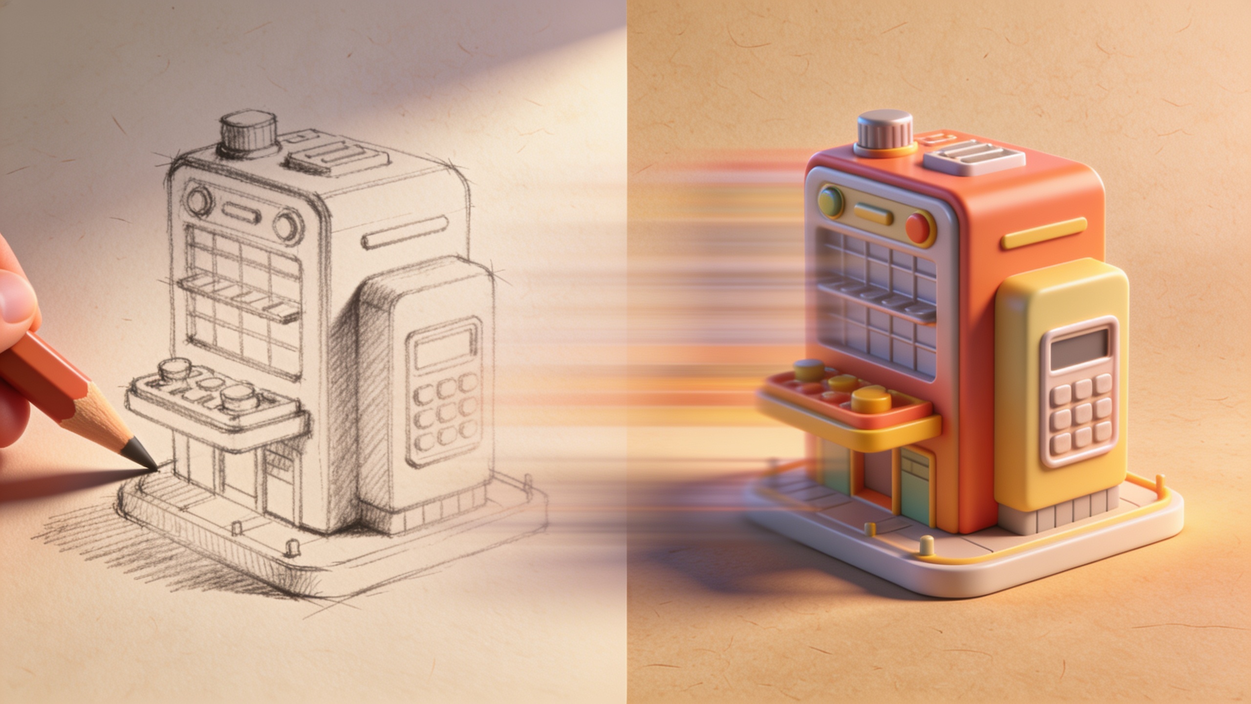 Hand sketch transforming into a colored product mockup in vertical format