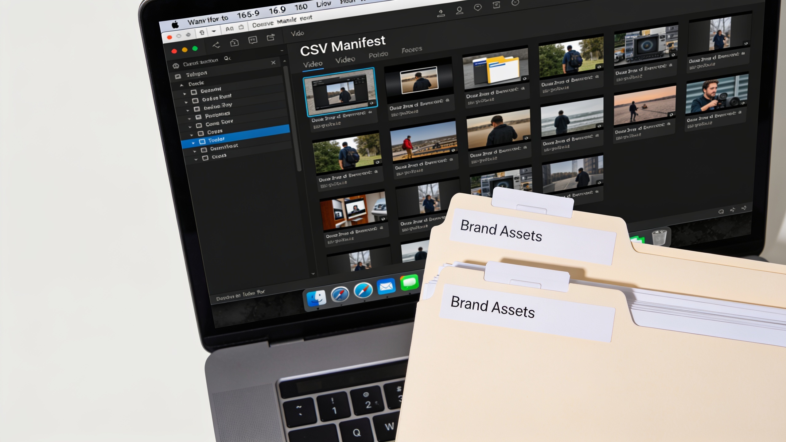 Laptop with CSV manifest and organized video files.