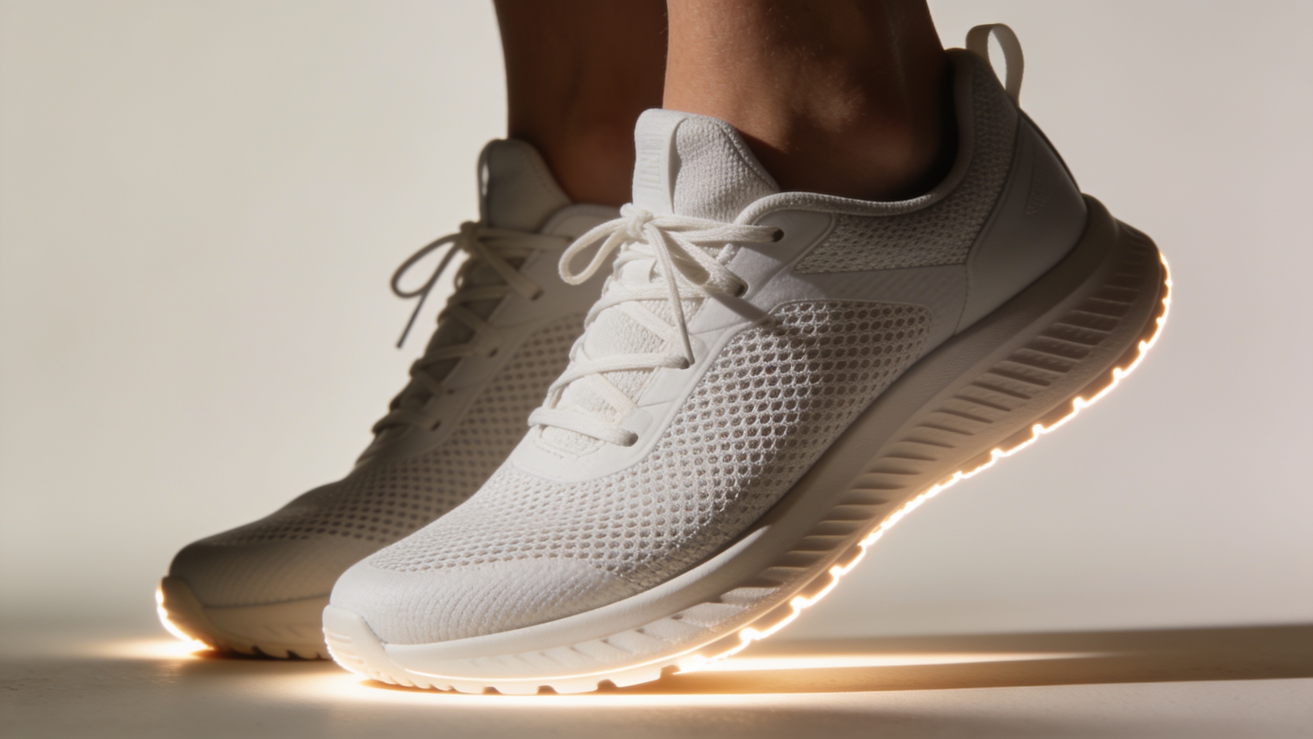 Vertical close-up of running shoes on neutral backdrop with rim light