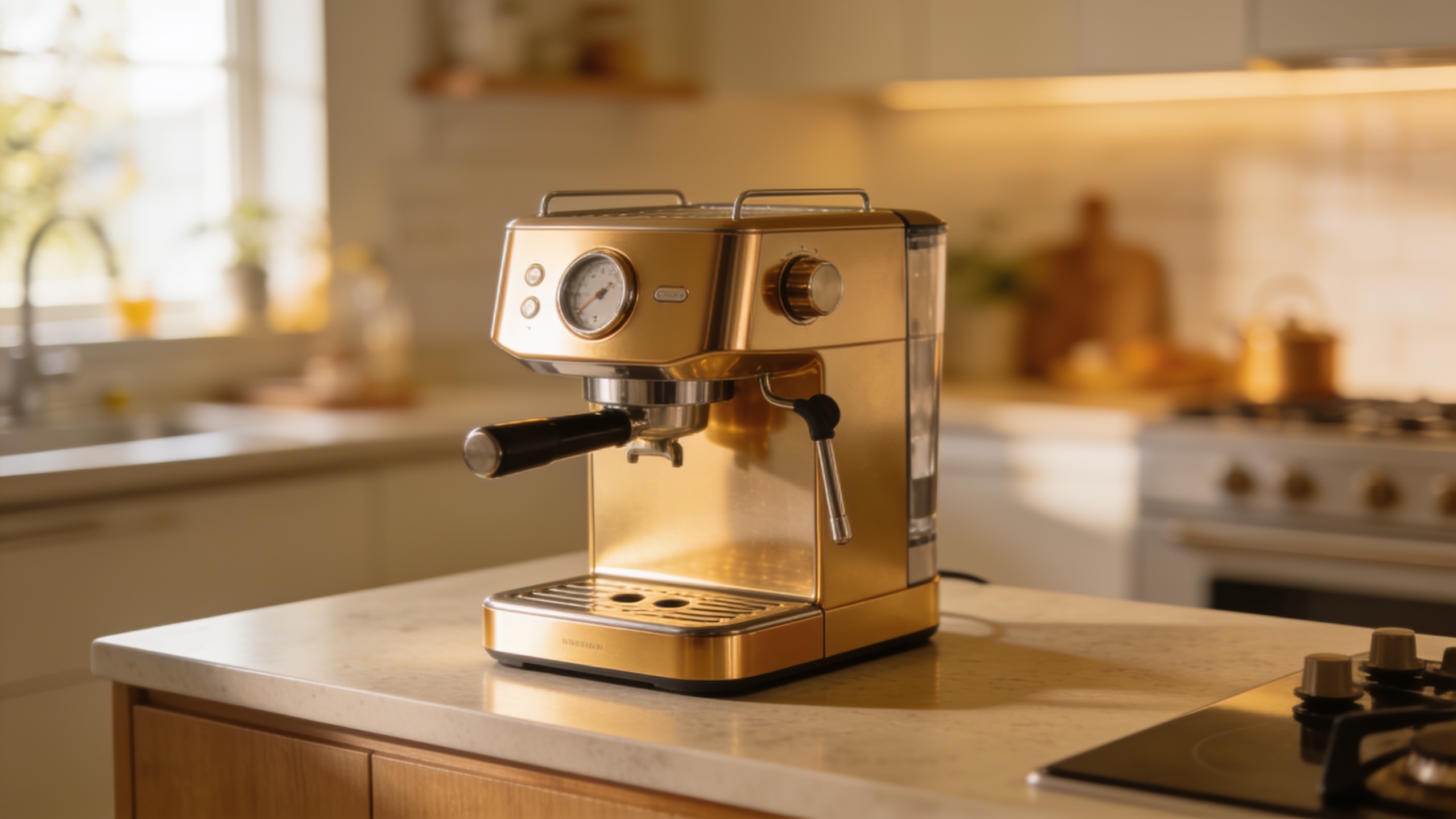 Vertical product shot of a coffee maker on a kitchen counter with morning light