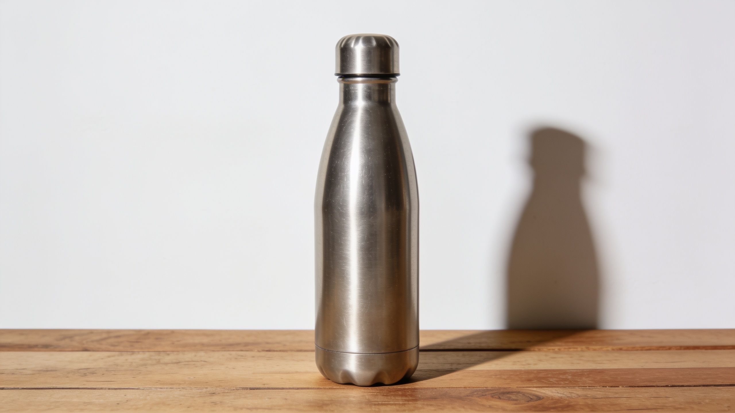 Vertical image of a stainless steel water bottle on wood surface with soft shadow