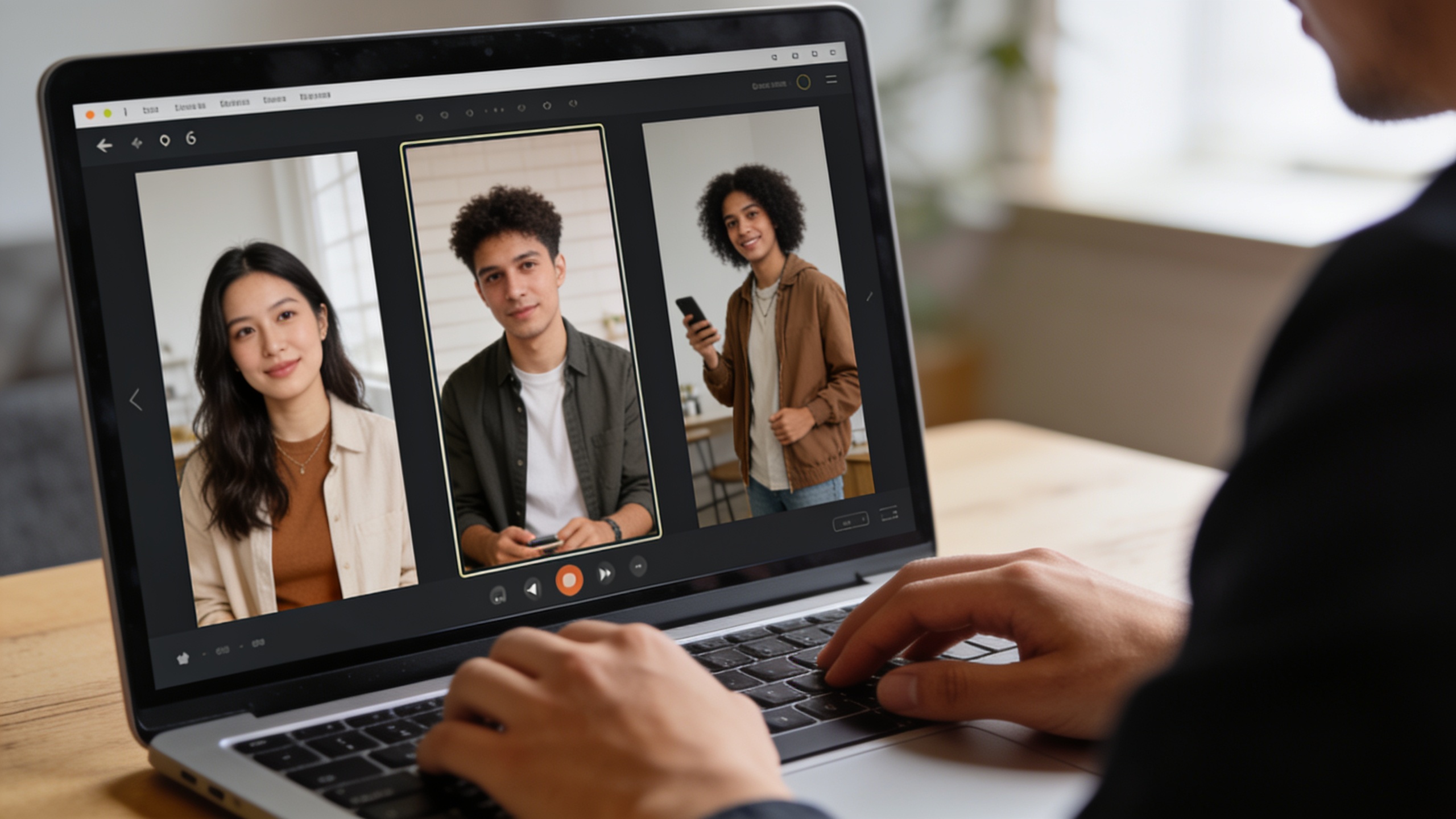 Creator reviewing vertical video thumbnails on laptop