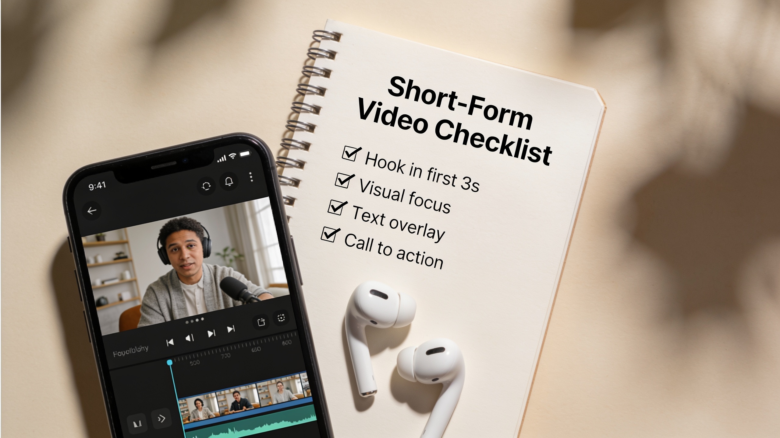 Flatlay of phone and checklist for short-form video