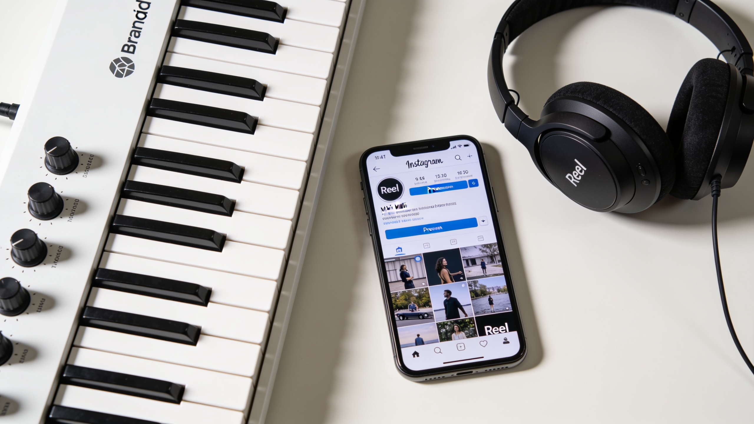 Desk with headphones, MIDI keyboard, and phone on Instagram Reel timeline